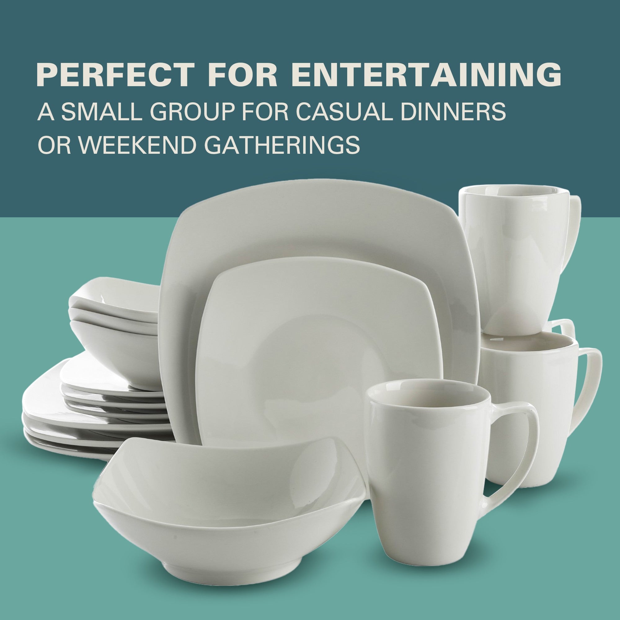 Gibson Home Zen Buffet 16-Piece Porcelain Dinnerware Set, Square Plates & Bowls, Service for 4, White - Image 7