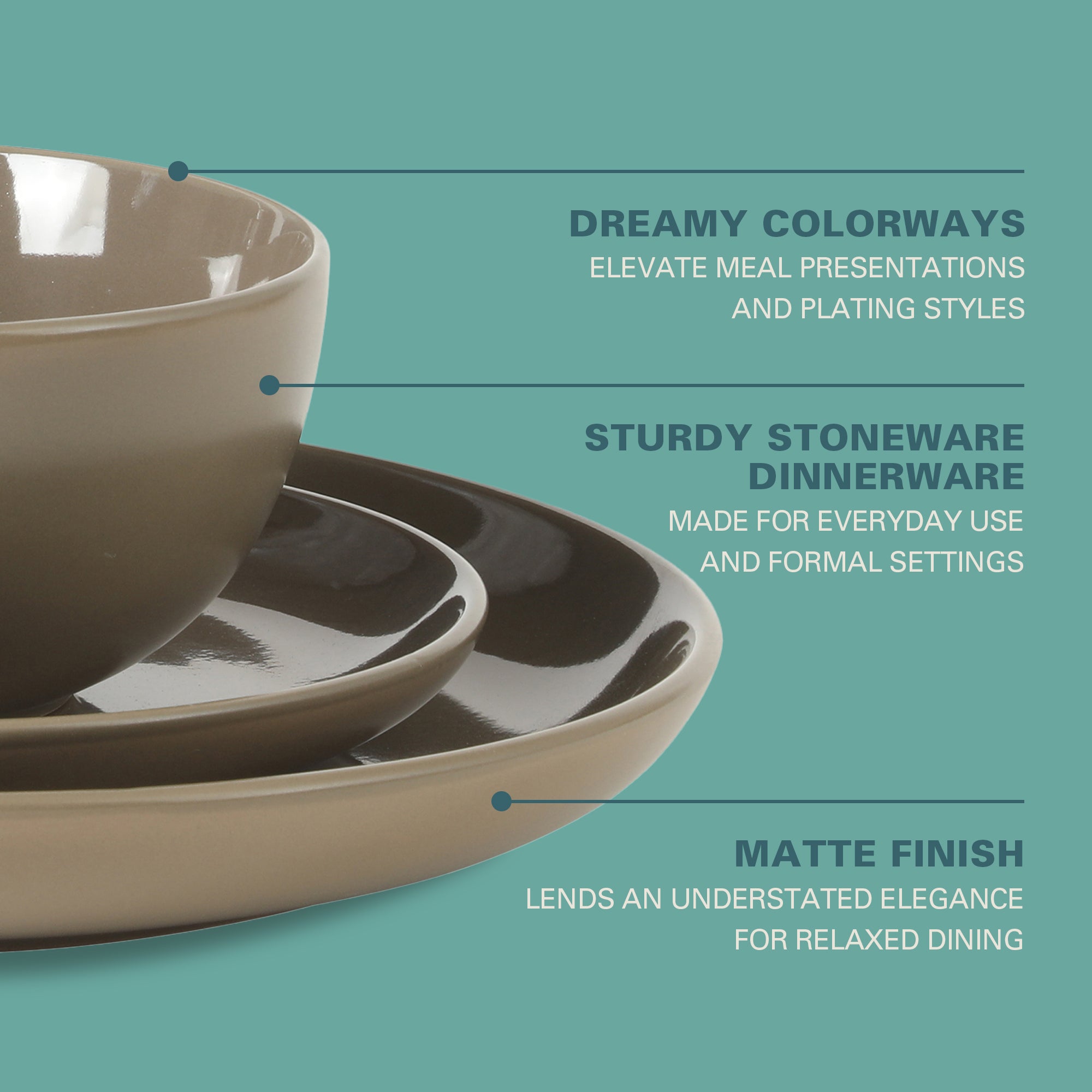 Gibson Home Rockaway 12 Piece Plates and Bowls Matte Outside/Shiny Inside Glaze Service for 4 Dinnerware Set - Brown - Dishwasher and Microwave Safe - Image 3