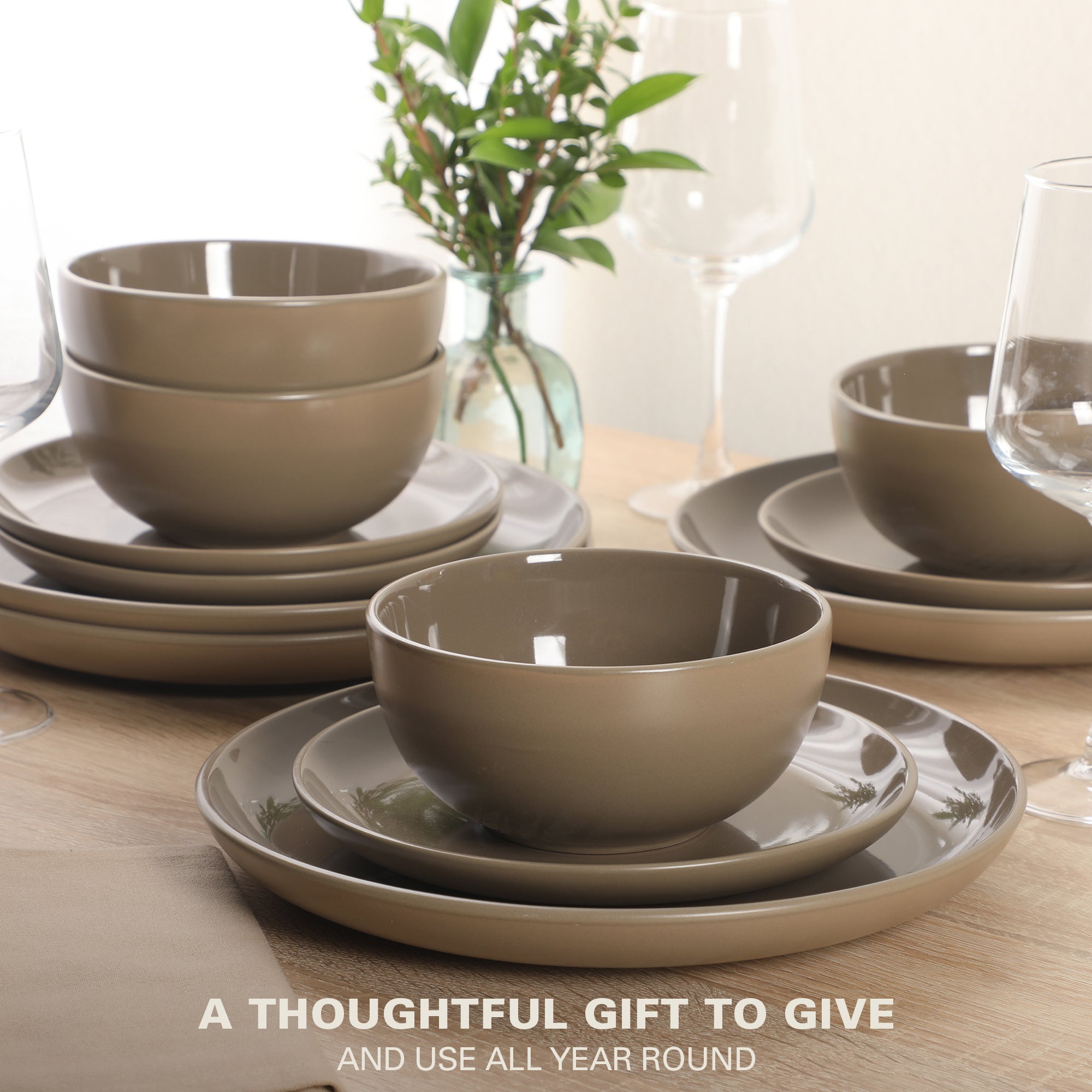 Gibson Home Rockaway 12 Piece Plates and Bowls Matte Outside/Shiny Inside Glaze Service for 4 Dinnerware Set - Brown - Dishwasher and Microwave Safe - Image 4
