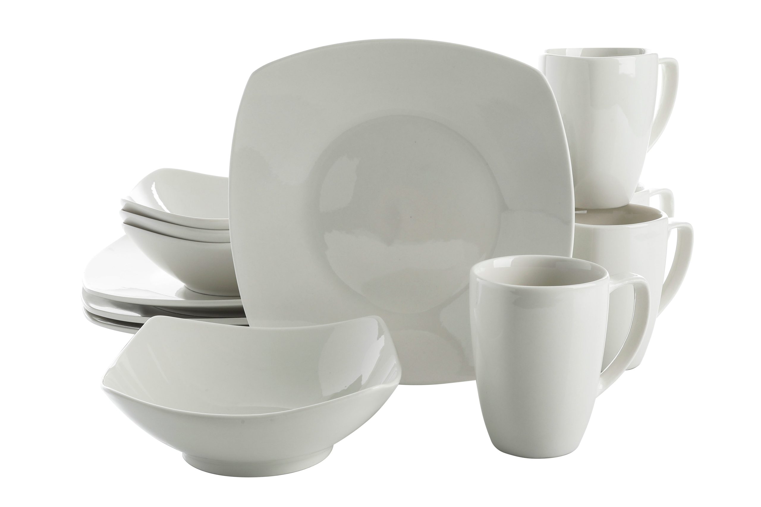 Gibson Home Zen Buffet 12-Piece Porcelain Dinnerware Set, Square Plates & Bowls & Mugs, Service for 4, White