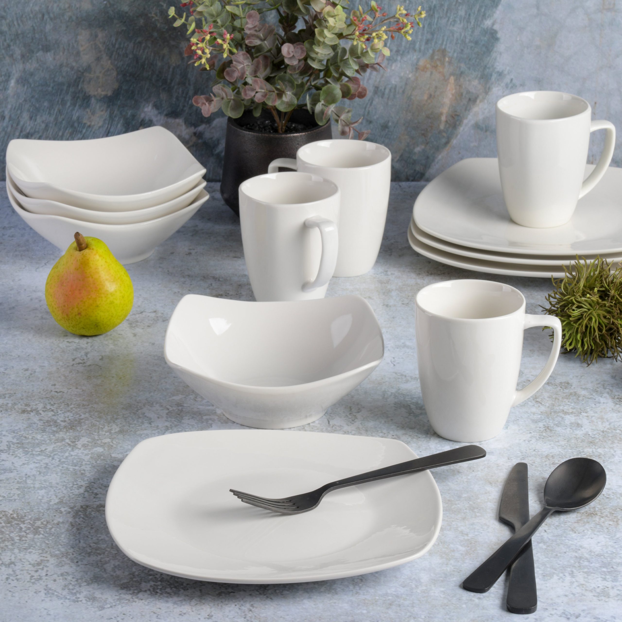 Gibson Home Zen Buffet 12-Piece Porcelain Dinnerware Set, Square Plates & Bowls & Mugs, Service for 4, White - Image 3