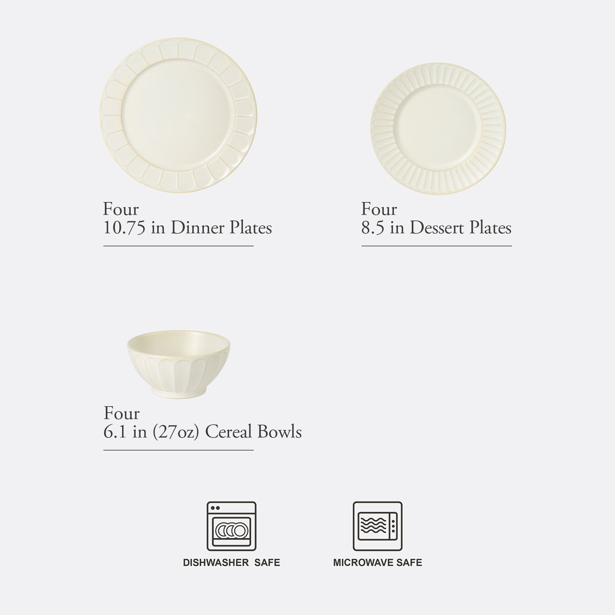 Gibson Elite Winchester Way 12-Piece Embossed Stoneware Dinnerware Set – Reactive Matte Glaze, Durable Lightweight-Tech Plates & Bowls, Everyday Dish Set, Microwave & Dishwasher Safe – Off-White - Image 2