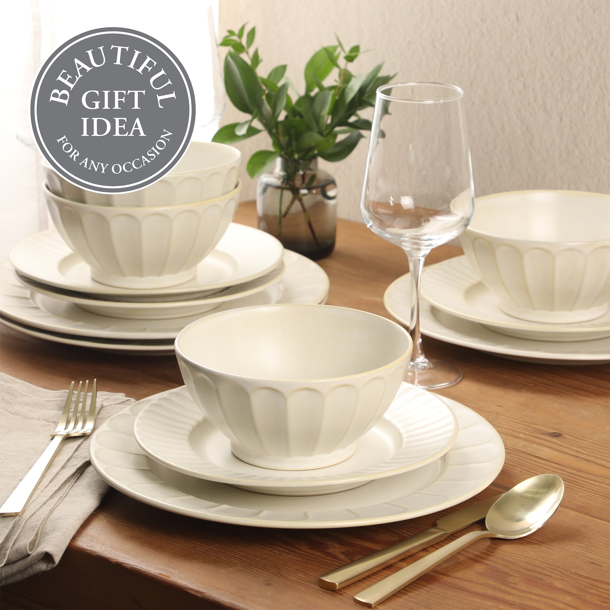 Gibson Elite Winchester Way 12-Piece Embossed Stoneware Dinnerware Set – Reactive Matte Glaze, Durable Lightweight-Tech Plates & Bowls, Everyday Dish Set, Microwave & Dishwasher Safe – Off-White - Image 4