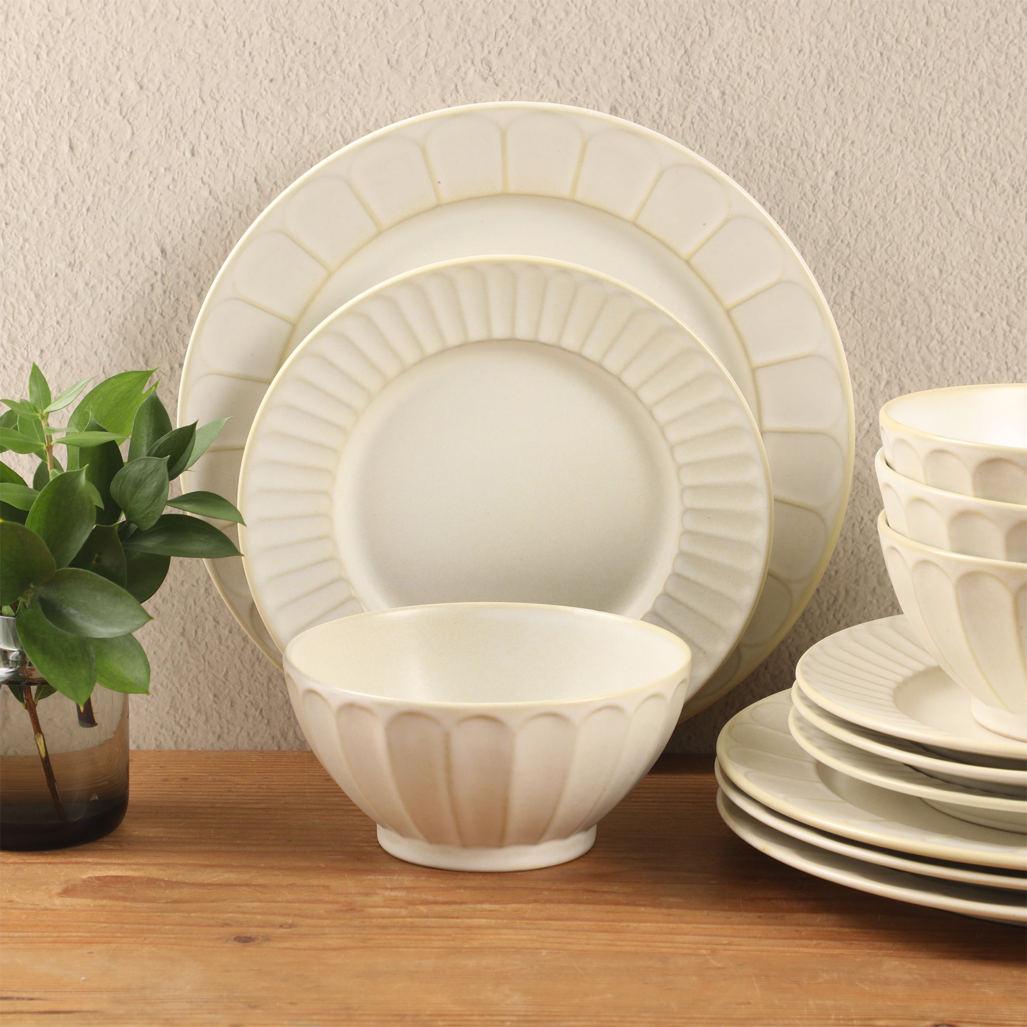Gibson Elite Winchester Way 12-Piece Embossed Stoneware Dinnerware Set – Reactive Matte Glaze, Durable Lightweight-Tech Plates & Bowls, Everyday Dish Set, Microwave & Dishwasher Safe – Off-White - Image 6