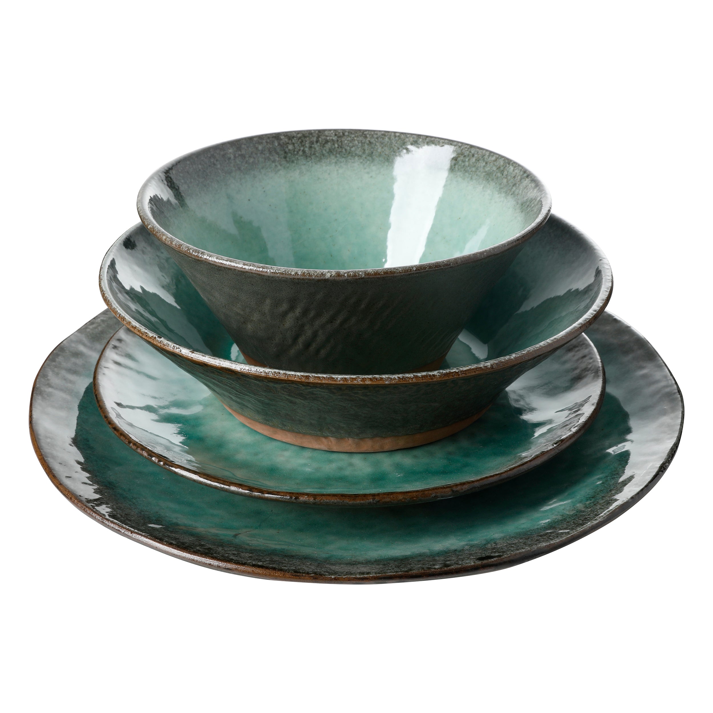 Gibson Elite Green Lantern 16-Piece Double Bowl Reactive Terracotta Dinnerware Set - Image 6