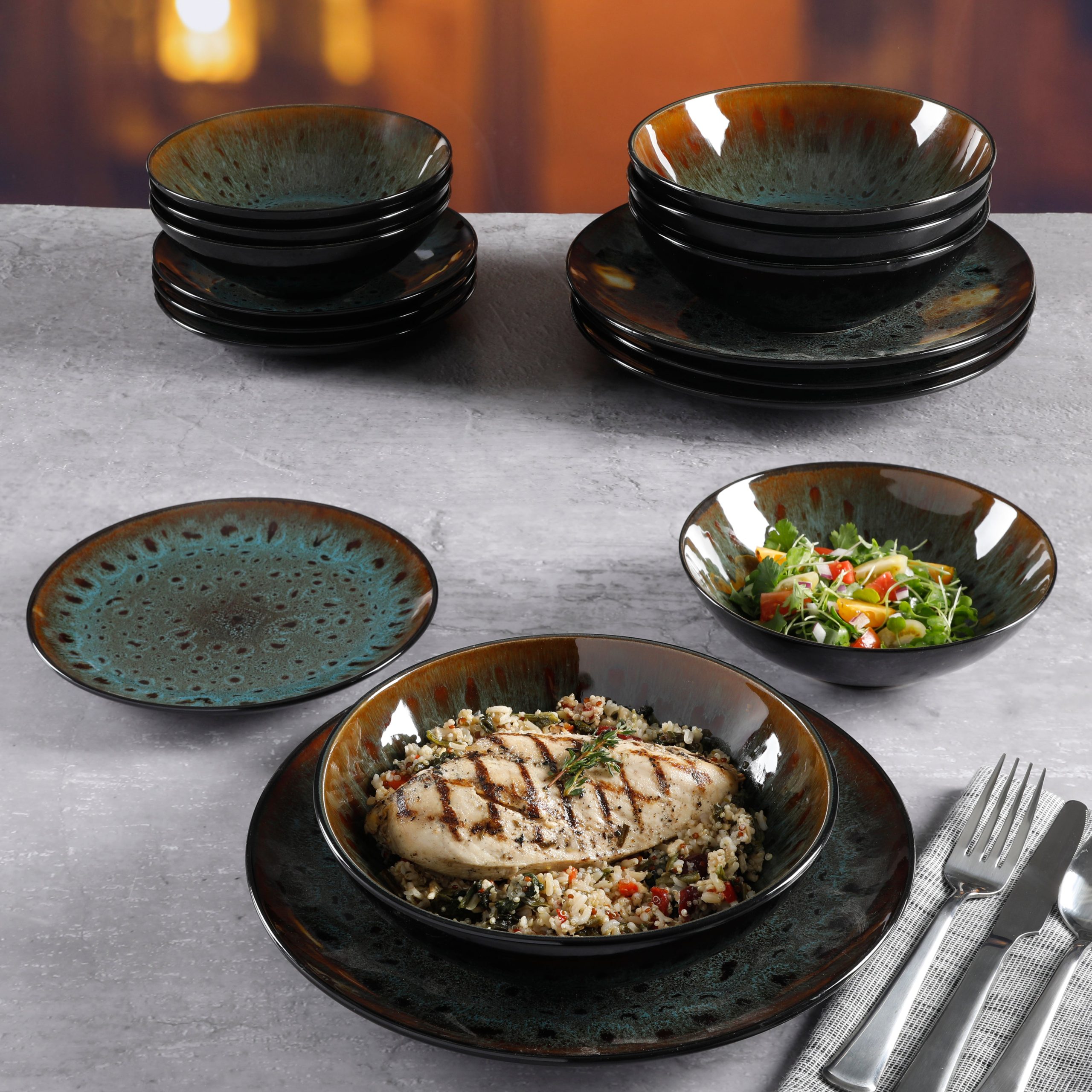 Gibson Elite Kyoto 16-Piece Double Bowl Reactive Stoneware Dinnerware Set - Teal - Image 4