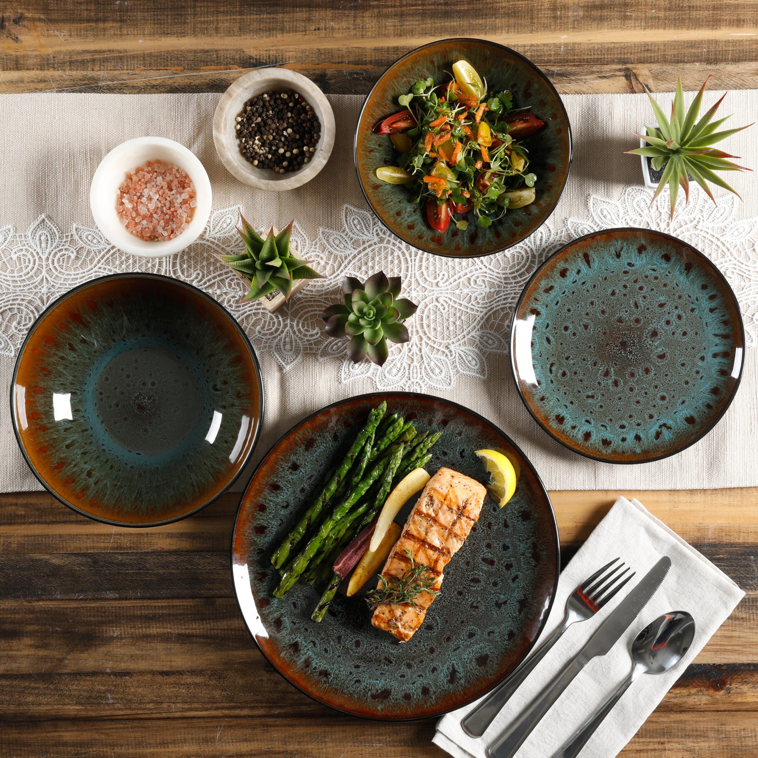 Gibson Elite Kyoto 16-Piece Double Bowl Reactive Stoneware Dinnerware Set - Teal - Image 2
