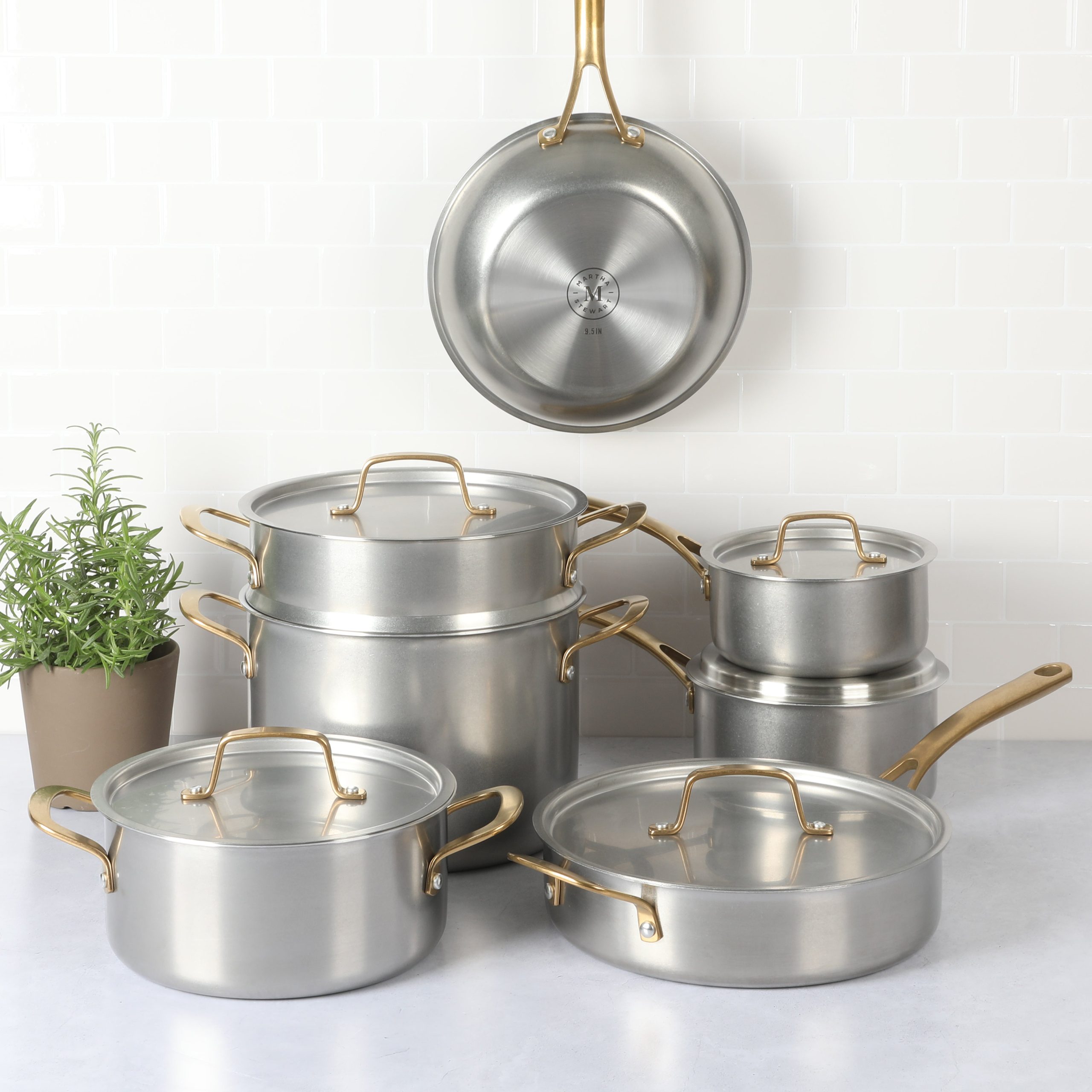 Martha Stewart Vintage 18/8 Tri-ply Stainless Steel 12-Piece Cookware Set w/ Gold Handles - Image 4