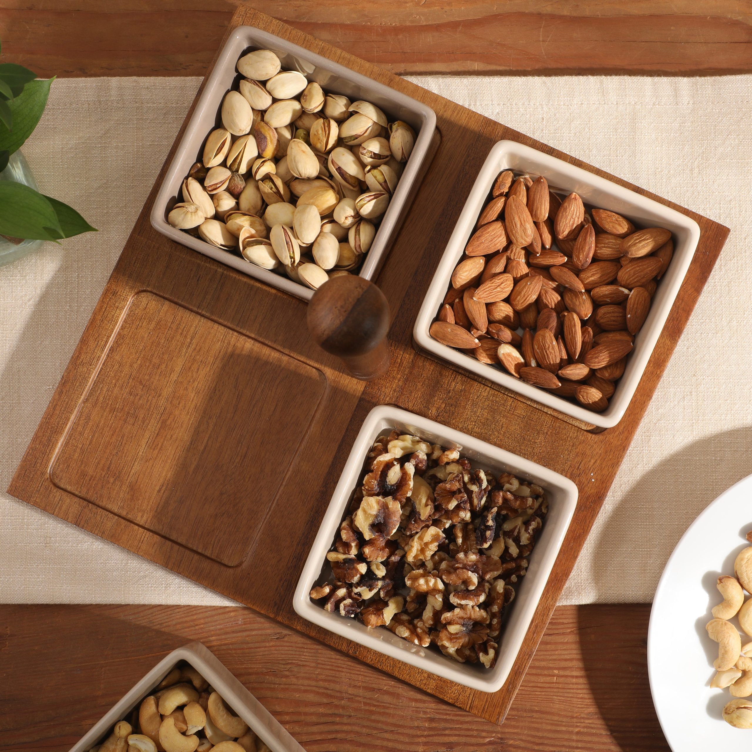 Gibson Elite 4-Piece Stoneware Tidbit, Condiment & Dip Dish Set with Acacia Wood Tray – Taupe Square Appetizer, Snack, Topping & Entertaining Server - Image 4
