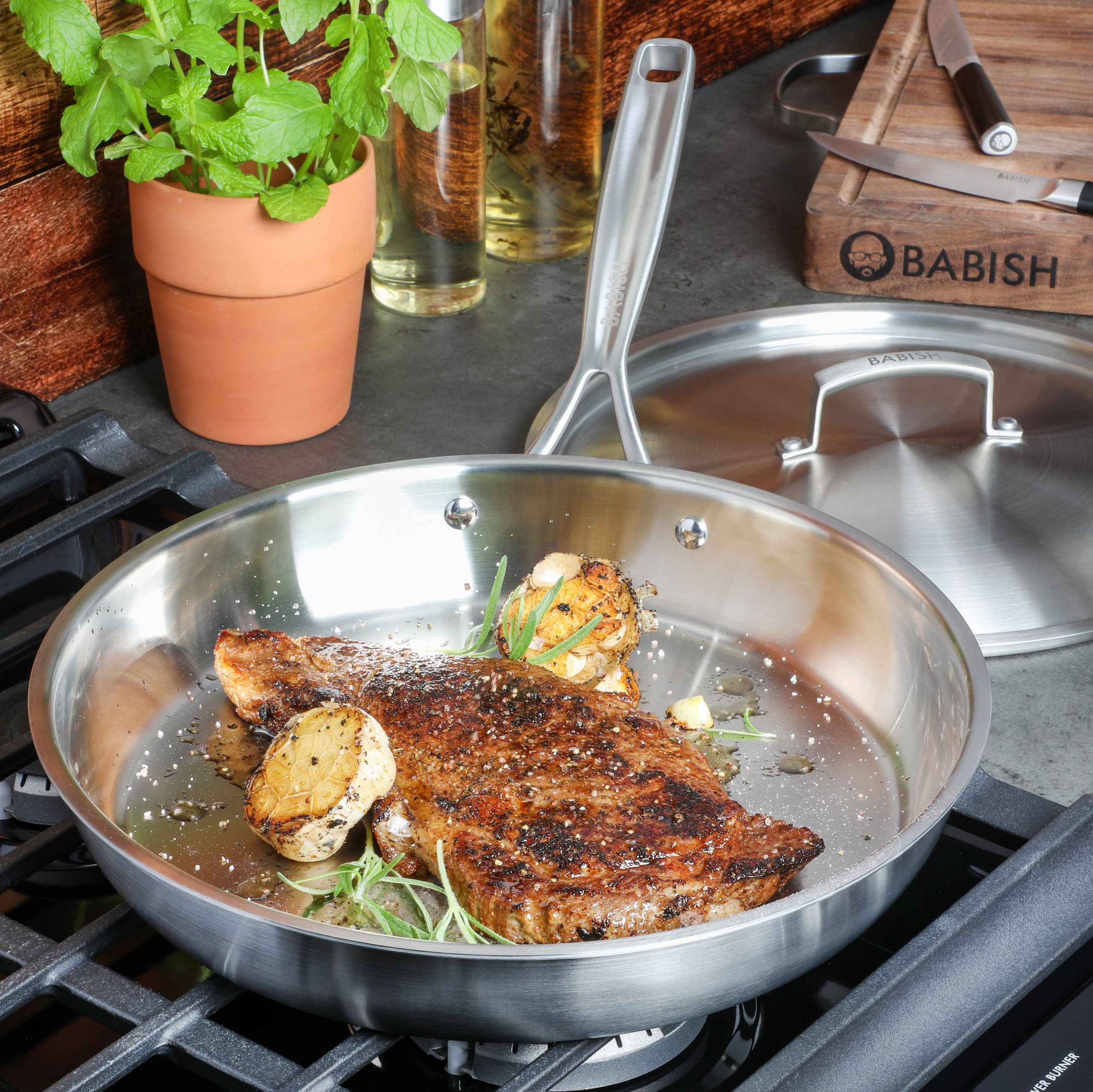 Babish 12 Inch Stainless Steel Triply Professional Grade Fry Pan w/ Stainless Lid - Image 3