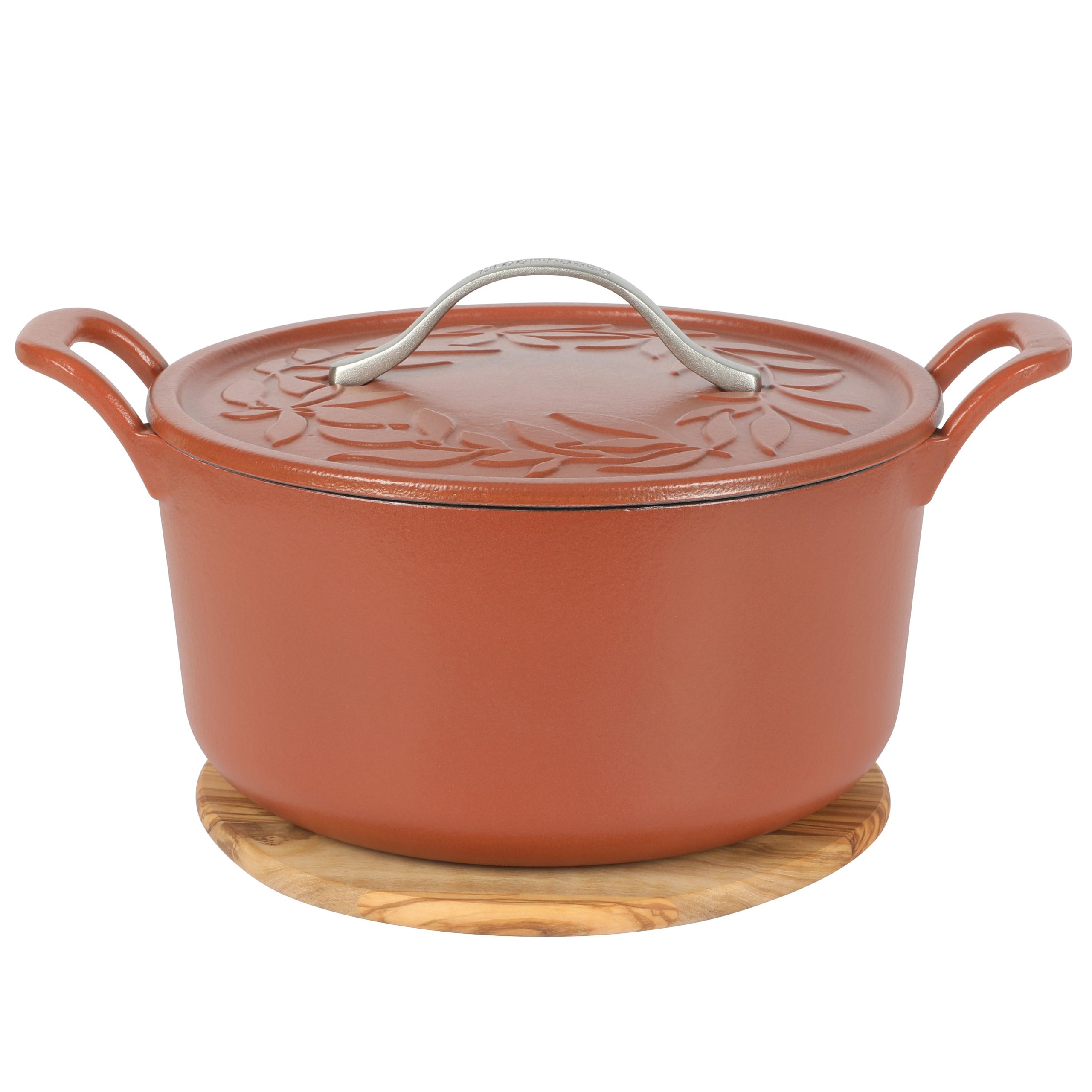 Bloomhouse 7 Qt Cast Iron Dutch Oven W/ Embossed Lid, European Enamel, & Olive Wood Trivet - Image 4