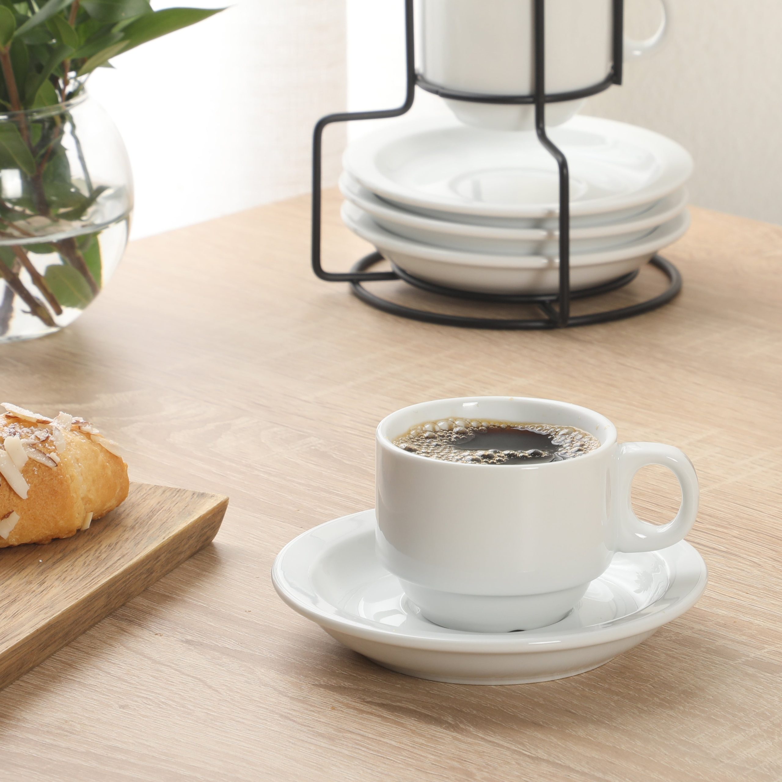 Gibson Home Gracious Dining 3-Ounce Espresso Cups Set of 4, Small Stackable Coffee Cups with 4 Saucers, Metal Stand, Ceramic Demitasse Mugs, Espresso Accessories for Machine - Image 2