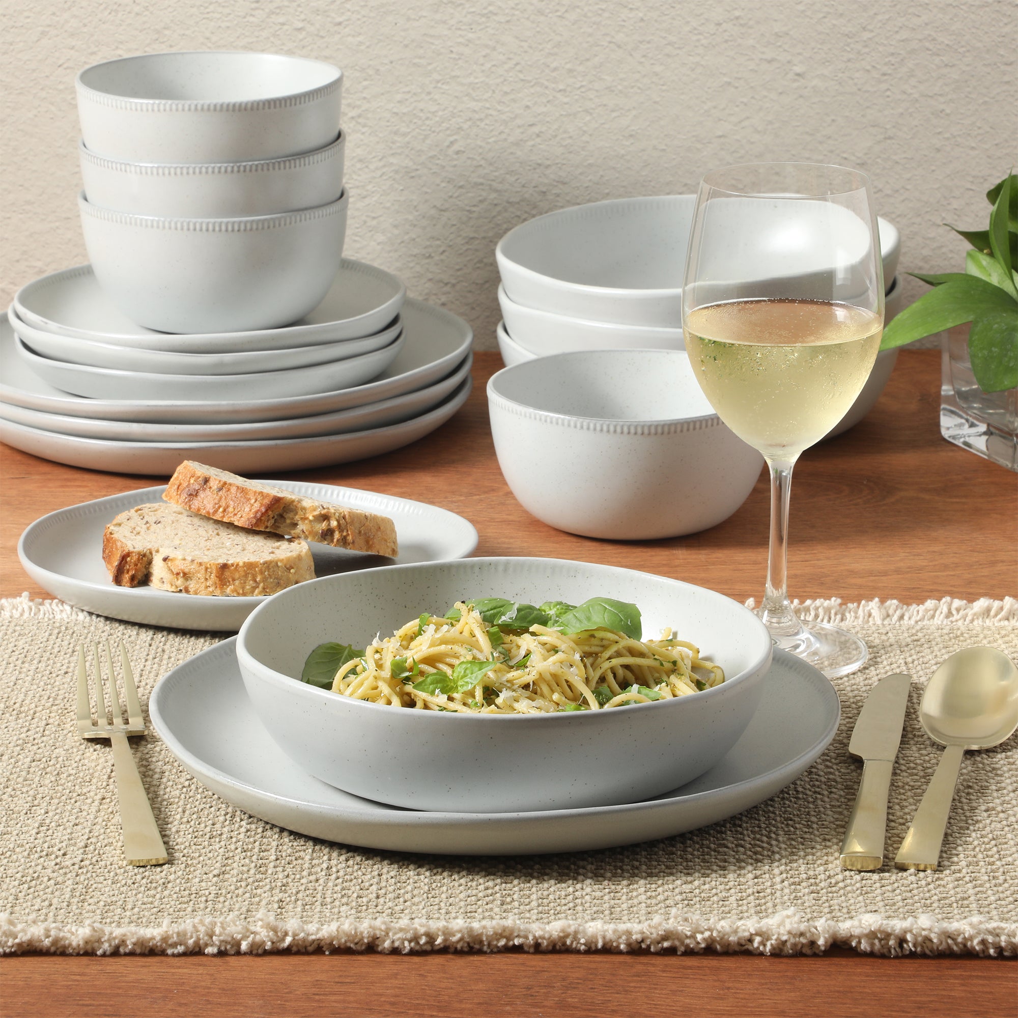 Gibson Elite Menlo Park 16-Piece Pottery Clay Stoneware Dinnerware Set – Reactive Glaze, Embossed Plates and Bowls W/ Pasta Bowl, Service for 4 – Microwave & Dishwasher Safe - Image 5