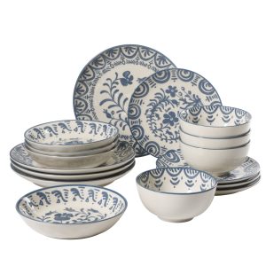 Bloomhouse - 2-Time Oprah’s Favorite Things - Valencia Flor 16 Piece Dinnerware Set, Artisanal Decorated Stoneware Plates & Bowls, Service for 4, Microwave & Dishwasher Safe, Iris Blue