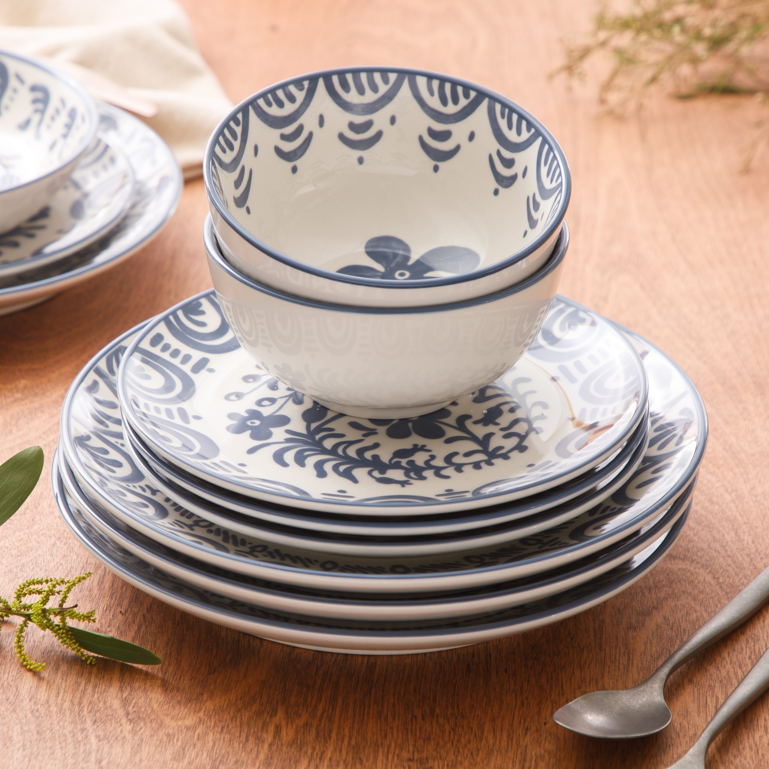 Bloomhouse - 2-Time Oprah’s Favorite Things - Valencia Flor 16 Piece Dinnerware Set, Artisanal Decorated Stoneware Plates & Bowls, Service for 4, Microwave & Dishwasher Safe, Iris Blue - Image 4
