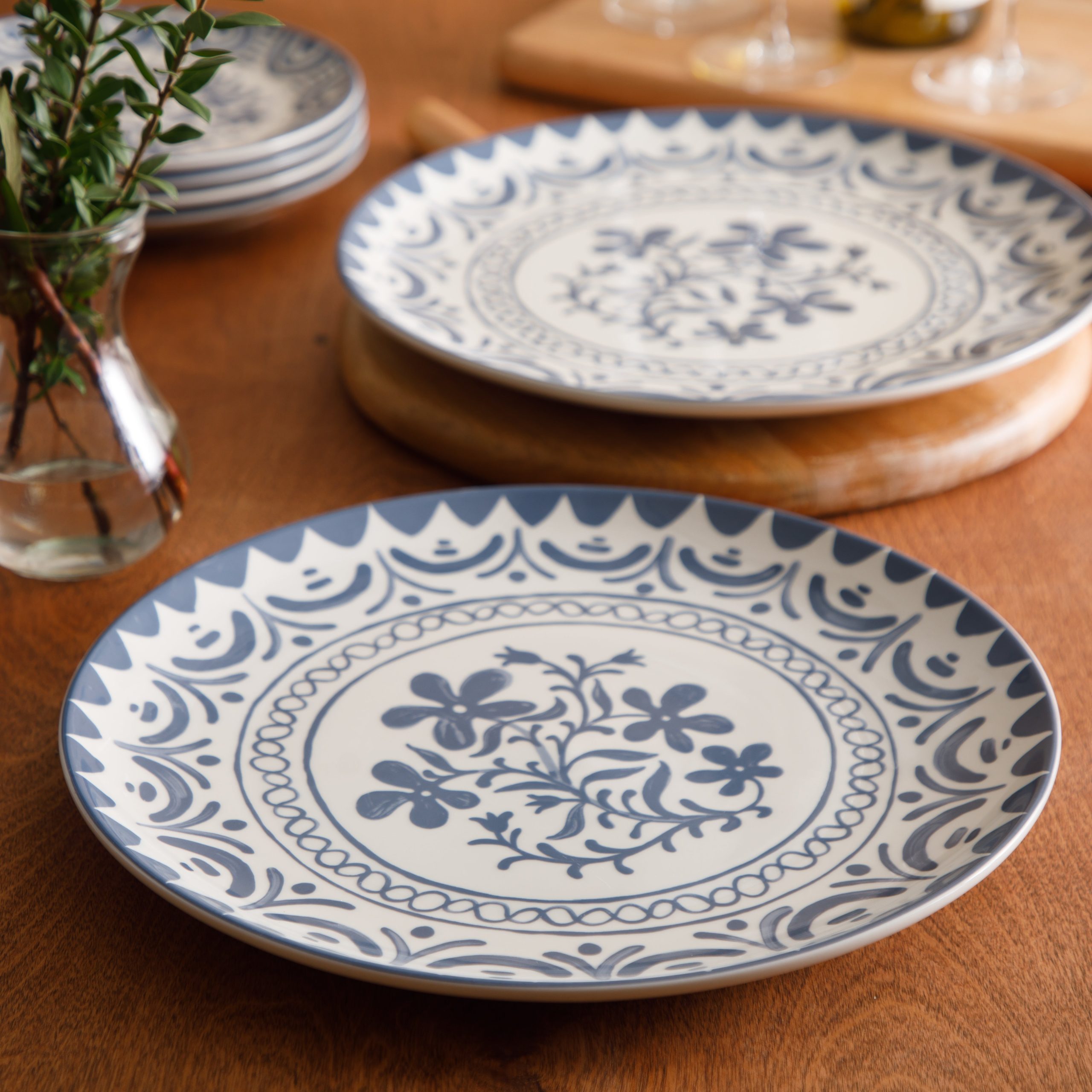 Bloomhouse - 2-Time Oprah’s Favorite Things - Valencia Flor 2 Piece 13” Serving Platter Set, Stoneware Platters, Mediterranean Floral Decal Design, Microwave & Dishwasher Safe, Iris Blue - Image 2