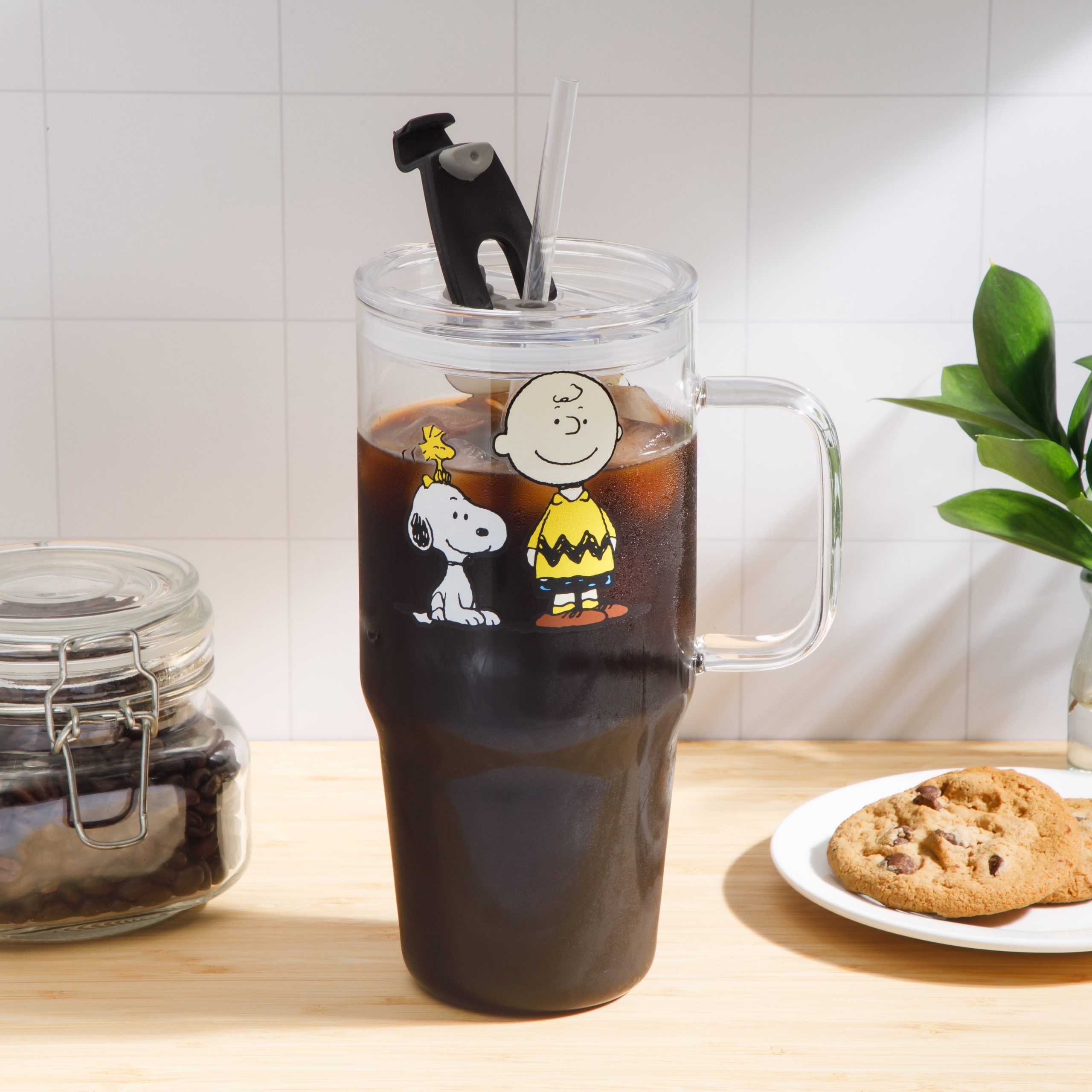 Peanuts Snoopy Glass Cups with Lids and Straws - 40 Oz Tumbler with Handle and Straw Glass Water Bottles Drinking Glasses with Straws Iced Coffee Cups Travel Coffee Mug Smoothie Tumbler - Image 2