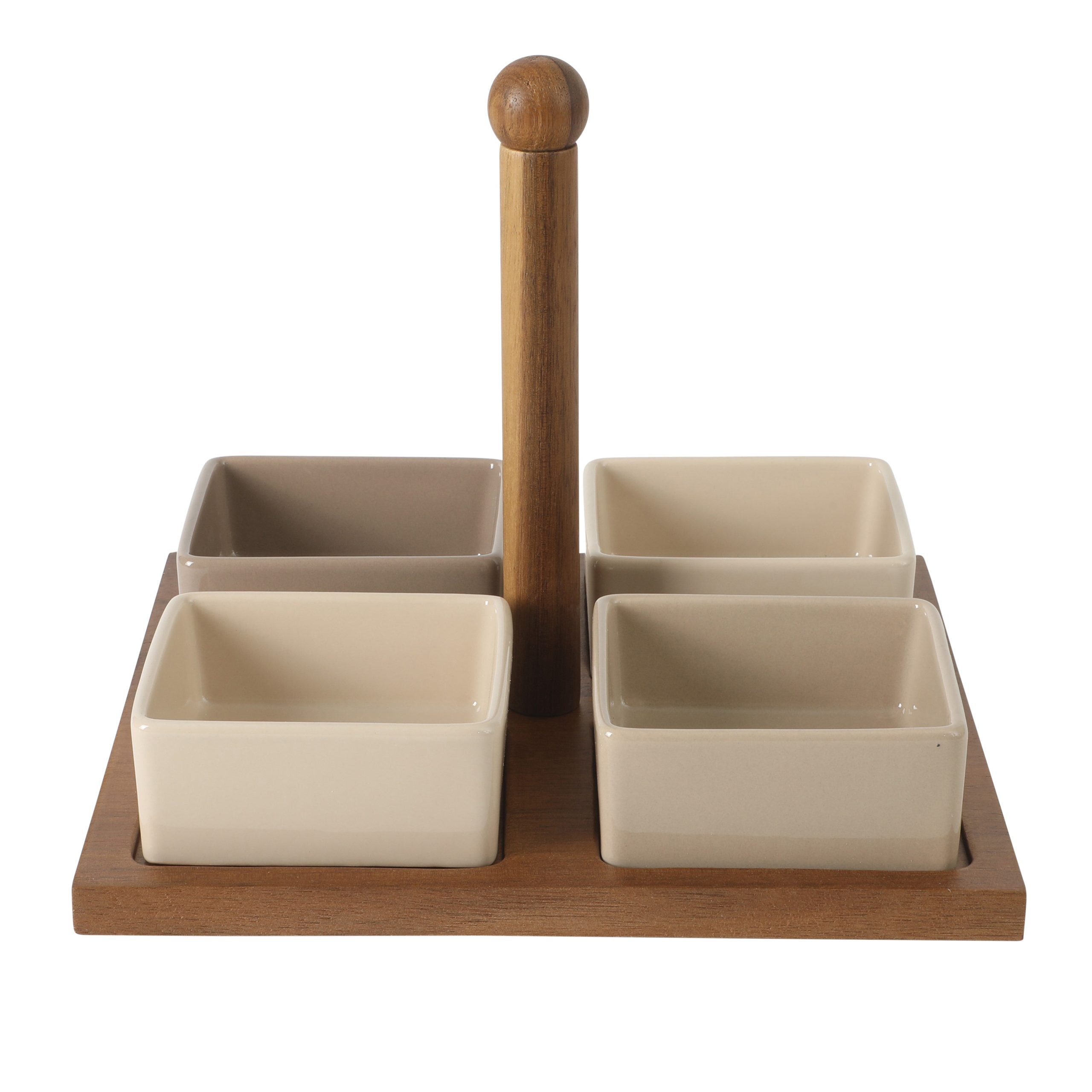 Gibson Elite 4-Piece Stoneware Tidbit, Condiment & Dip Dish Set with Acacia Wood Tray – Taupe Square Appetizer, Snack, Topping & Entertaining Server - Image 5