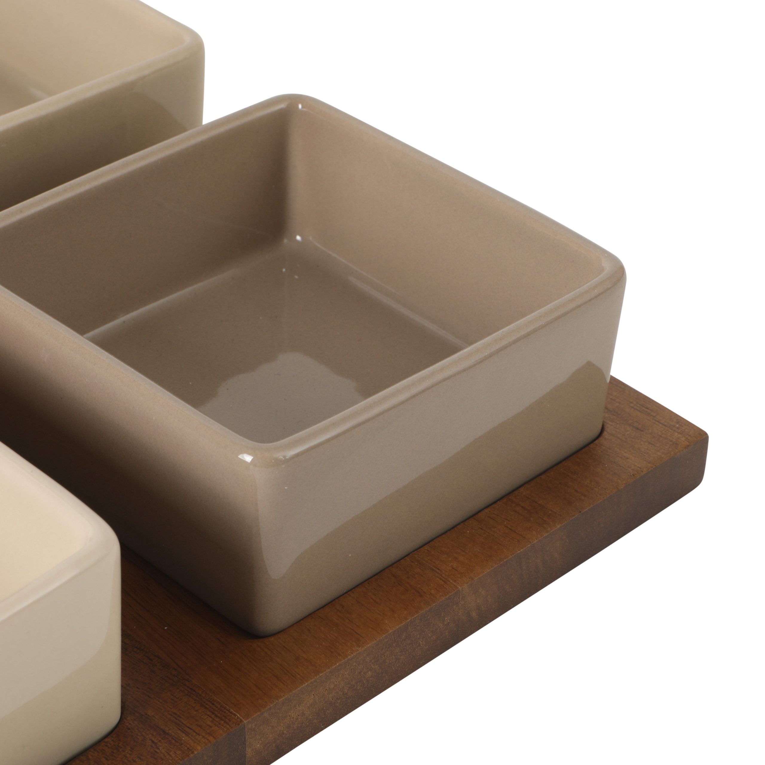 Gibson Elite 4-Piece Stoneware Tidbit, Condiment & Dip Dish Set with Acacia Wood Tray – Taupe Square Appetizer, Snack, Topping & Entertaining Server - Image 6