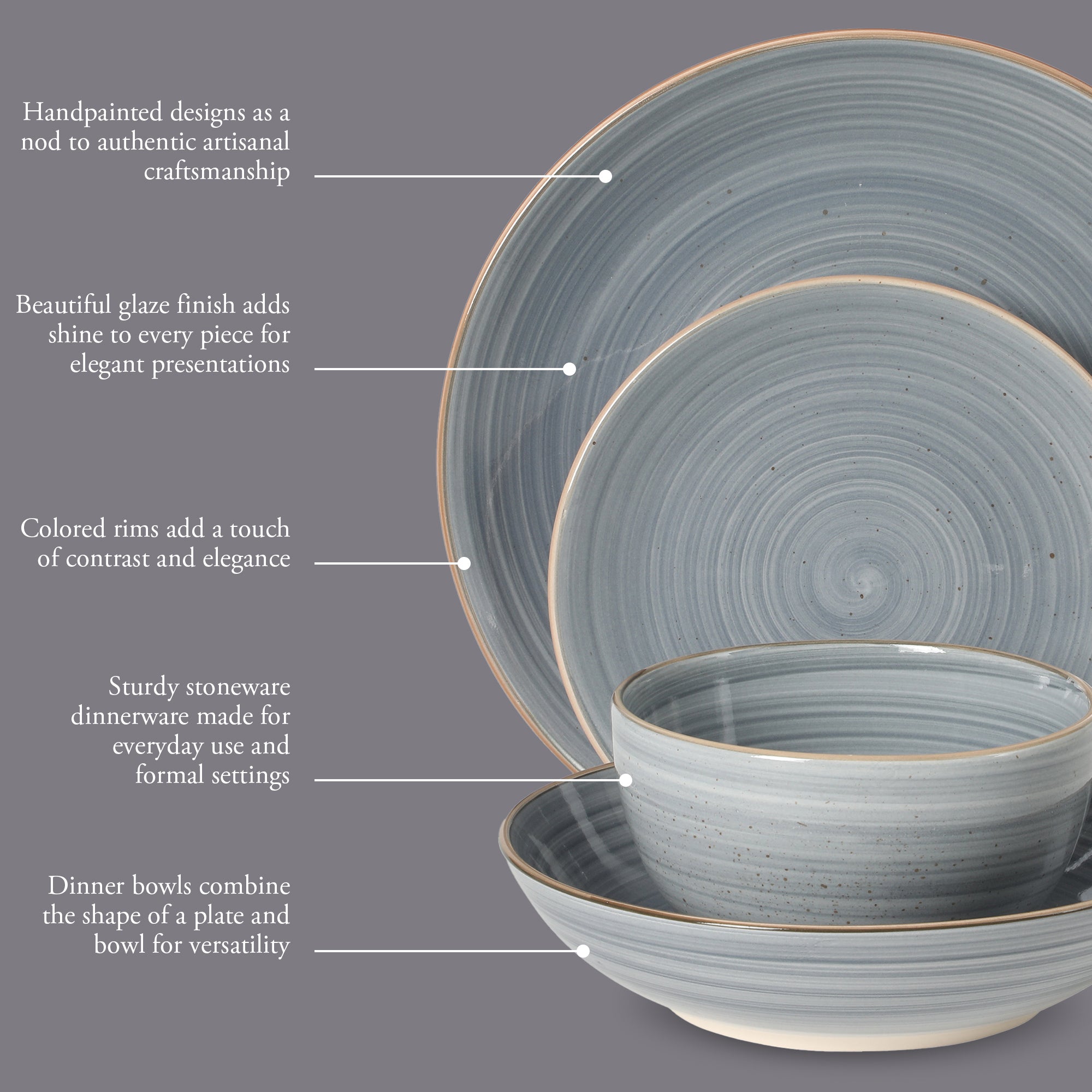 Gibson Home Stonebury 16 Piece Plates and Bowls Assorted Color Dishes - Handpainted Stoneware Dinnerware Set - Service for 4 - Image 3