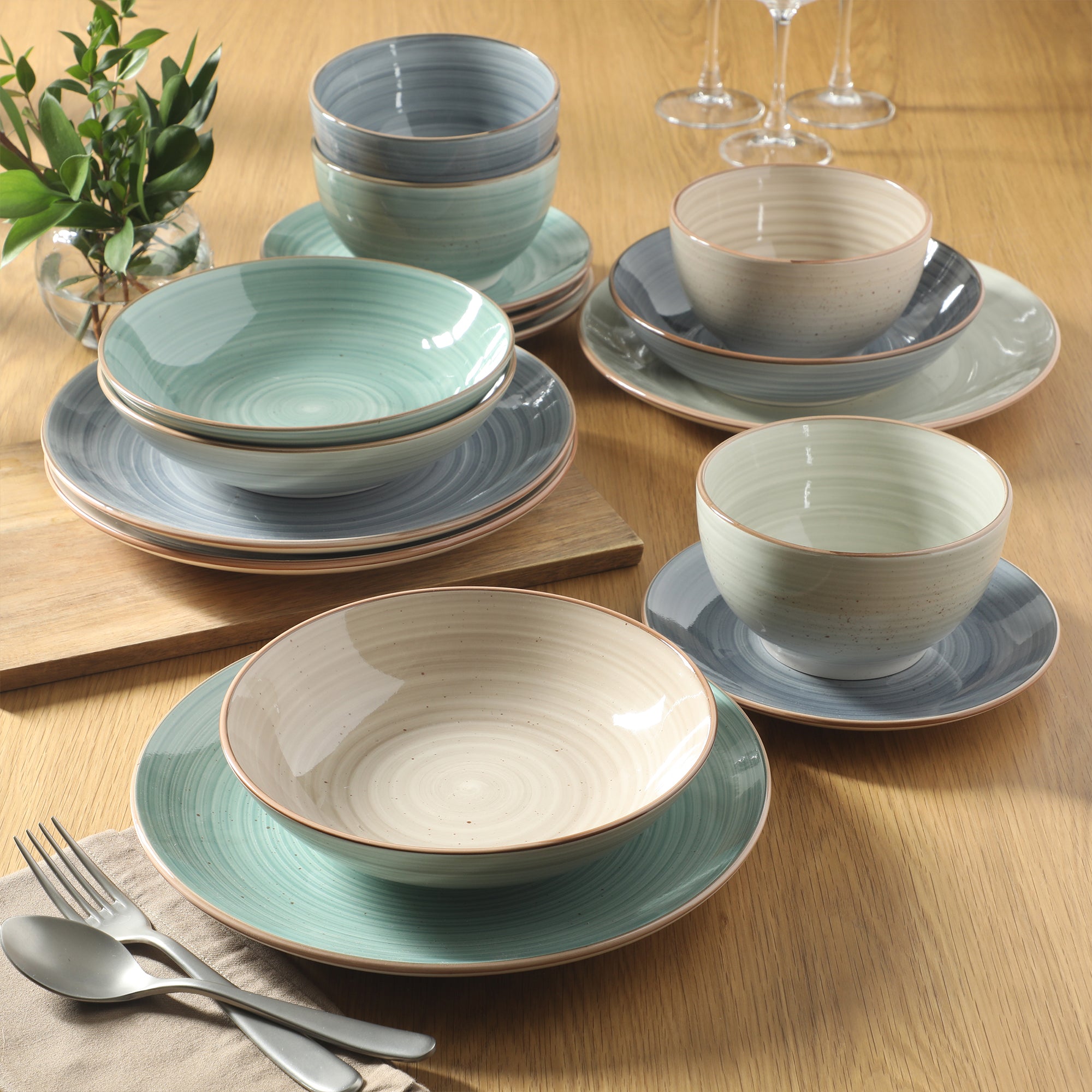 Gibson Home Stonebury 16 Piece Plates and Bowls Assorted Color Dishes - Handpainted Stoneware Dinnerware Set - Service for 4 - Image 7