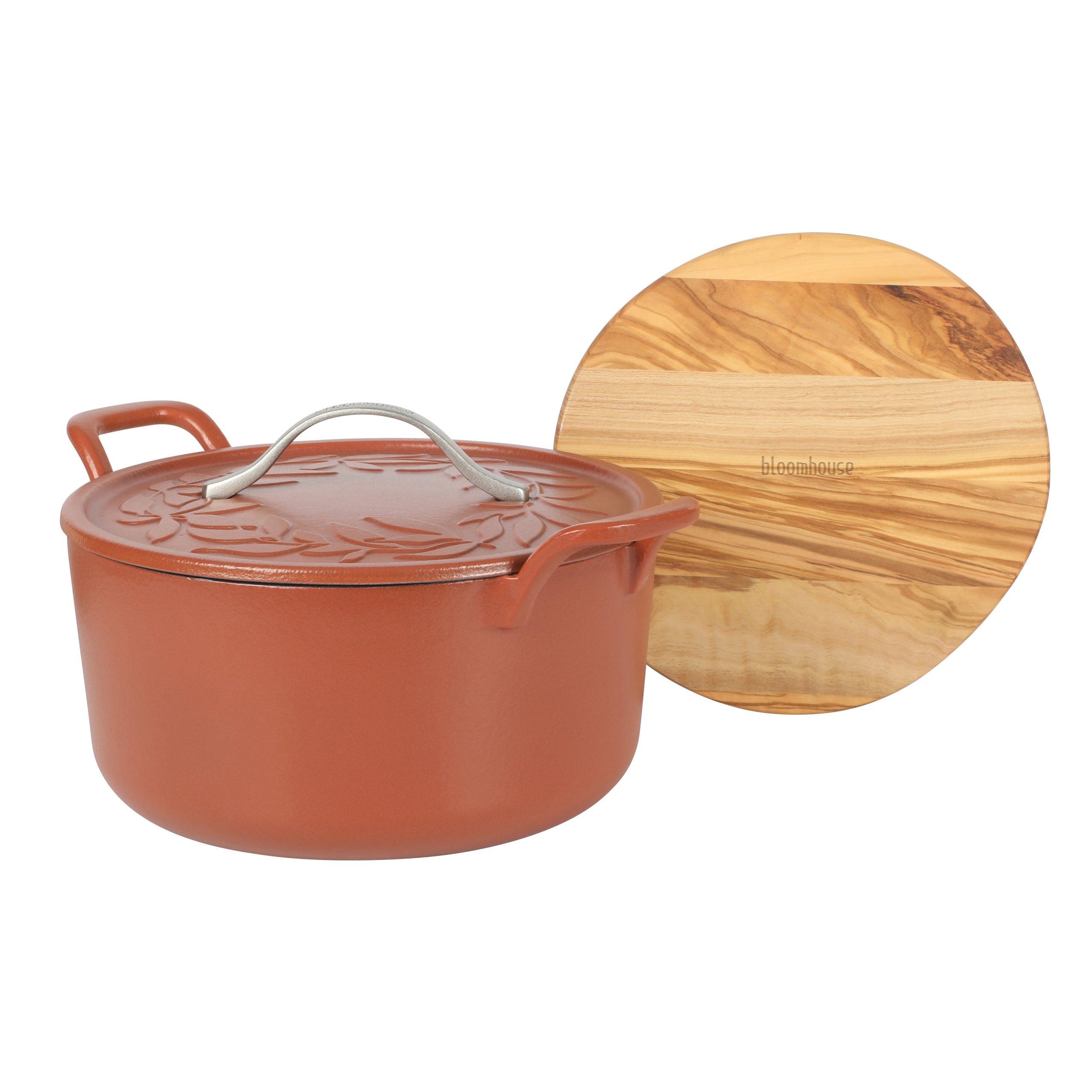 Bloomhouse 7 Qt Cast Iron Dutch Oven W/ Embossed Lid, European Enamel, & Olive Wood Trivet - Image 3