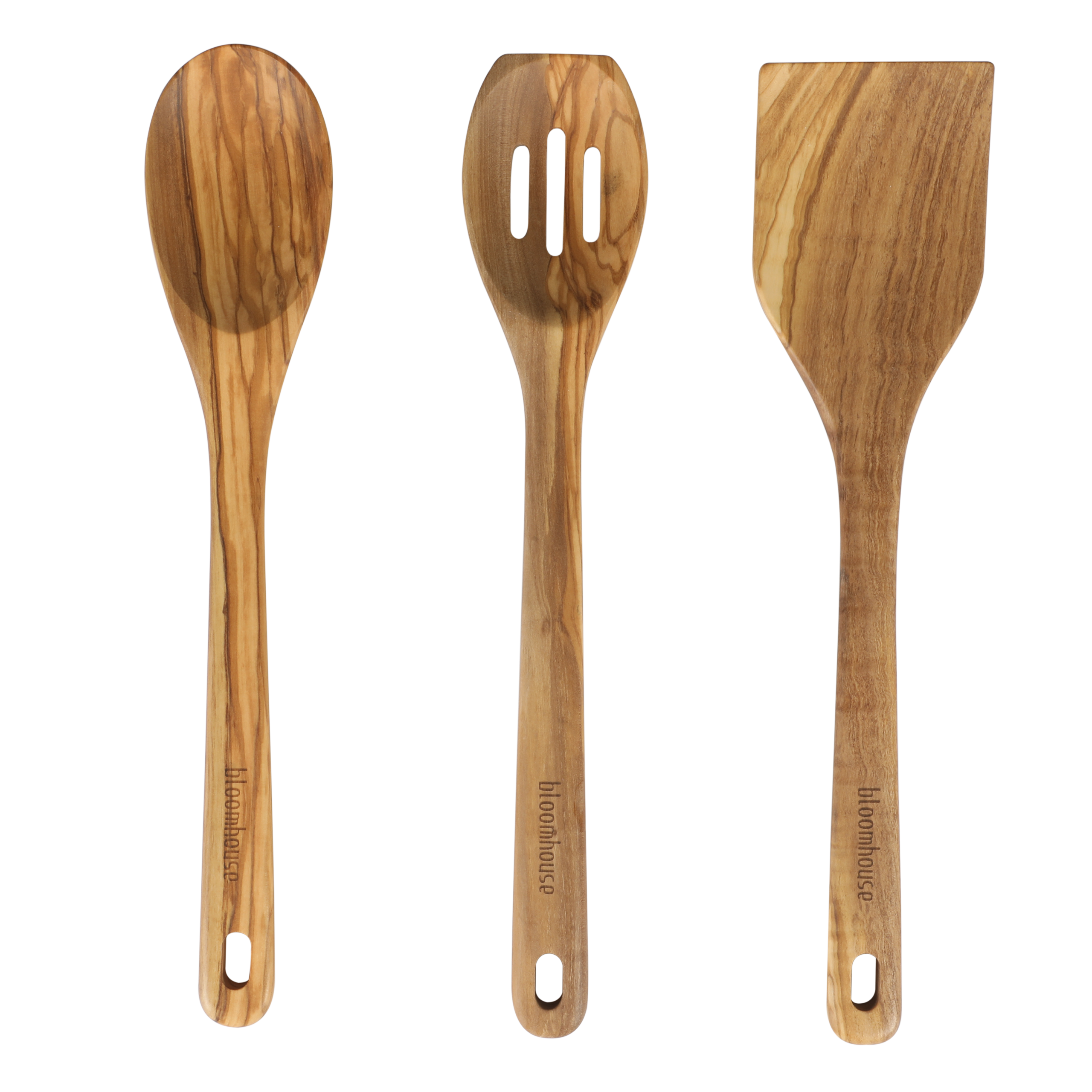 Bloomhouse Italian Olive Wood 3 Piece Extra-Large 14 Inch Turner, Spoon, and Slotted Spoon Set