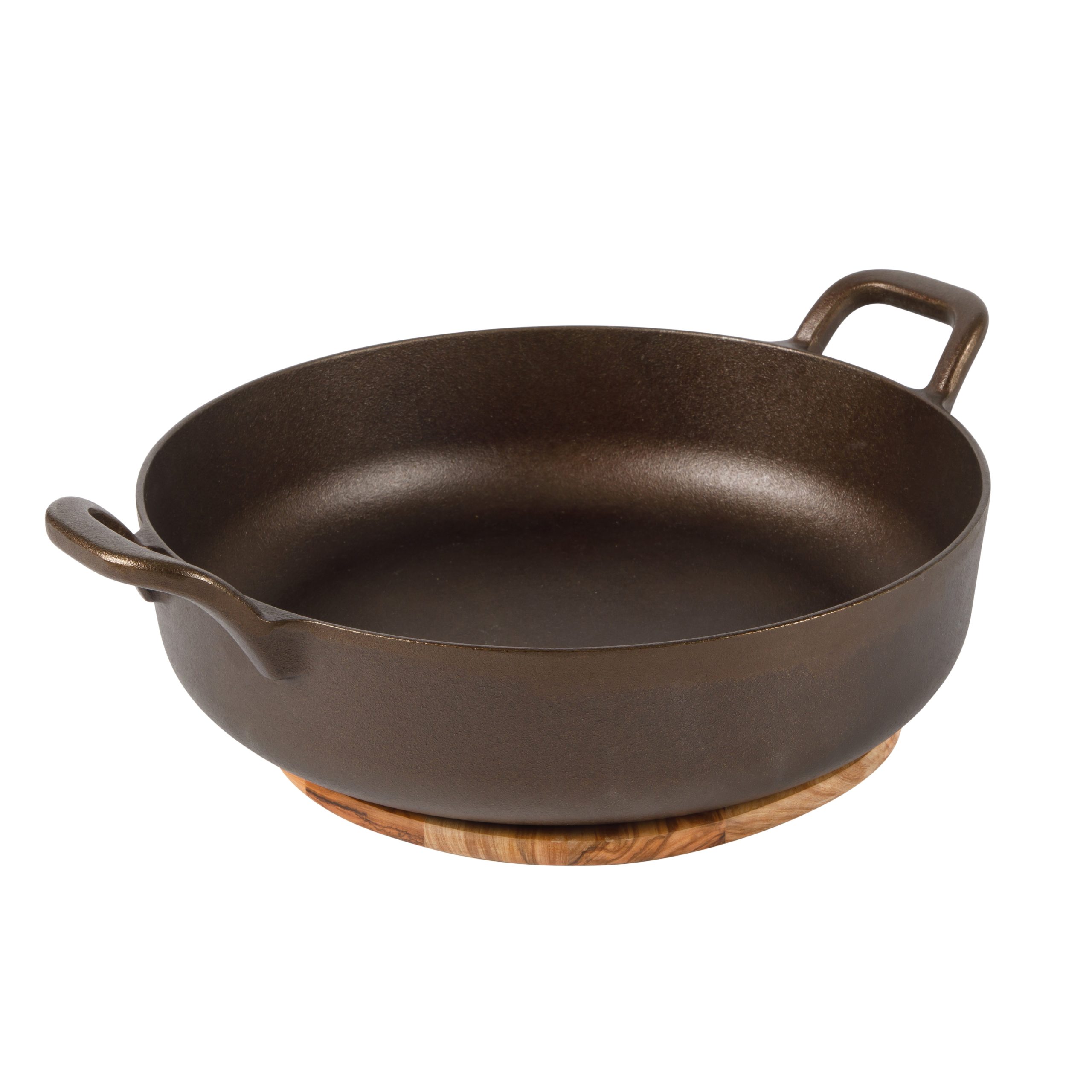 Bloomhouse Natural Bronze Finish 13-Inch Round Cast Iron Everyday Pan – Olive Oil Treated Cooking Surface with Dual Handles & Olive Wood Trivet, Oven, Stovetop & Campfire Safe