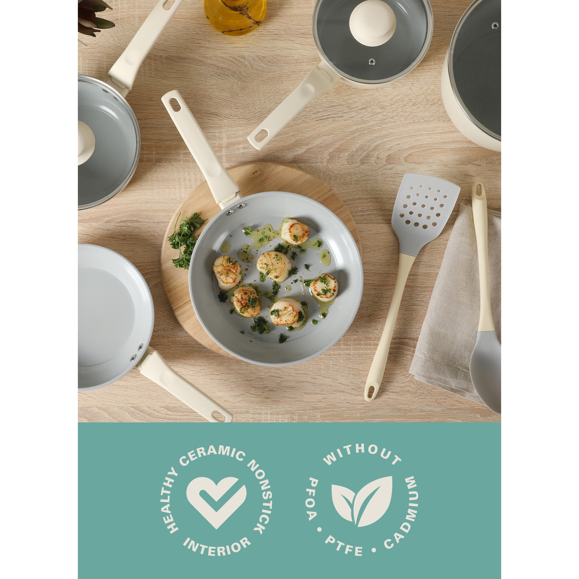 Gibson Home Barnsdall 10 Piece Premium PFA Free Ceramic Nonstick Pots and Pans Aluminum Cookware Set W/ Kitchen Tools - Linen - Image 4