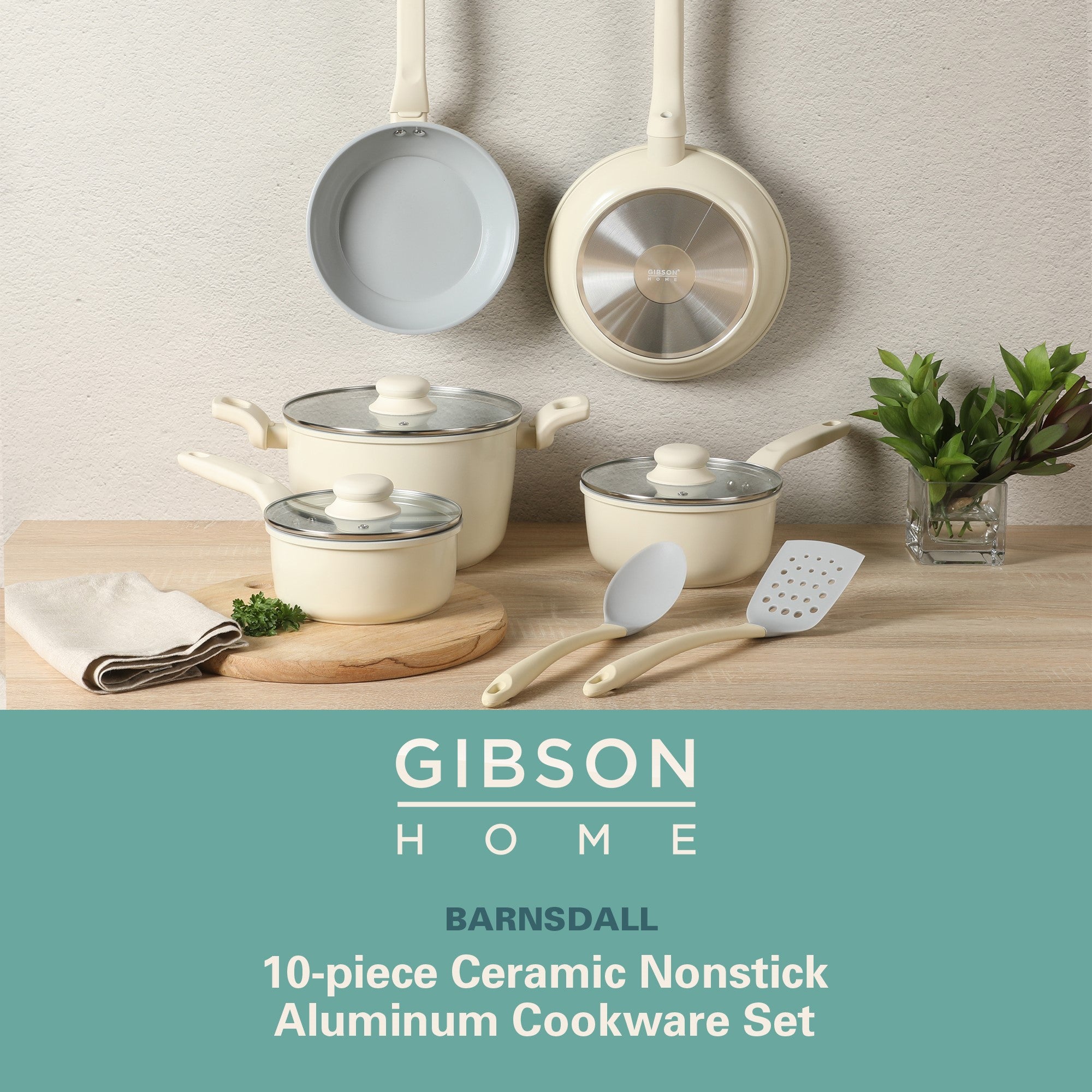 Gibson Home Barnsdall 10 Piece Premium PFA Free Ceramic Nonstick Pots and Pans Aluminum Cookware Set W/ Kitchen Tools - Linen - Image 15