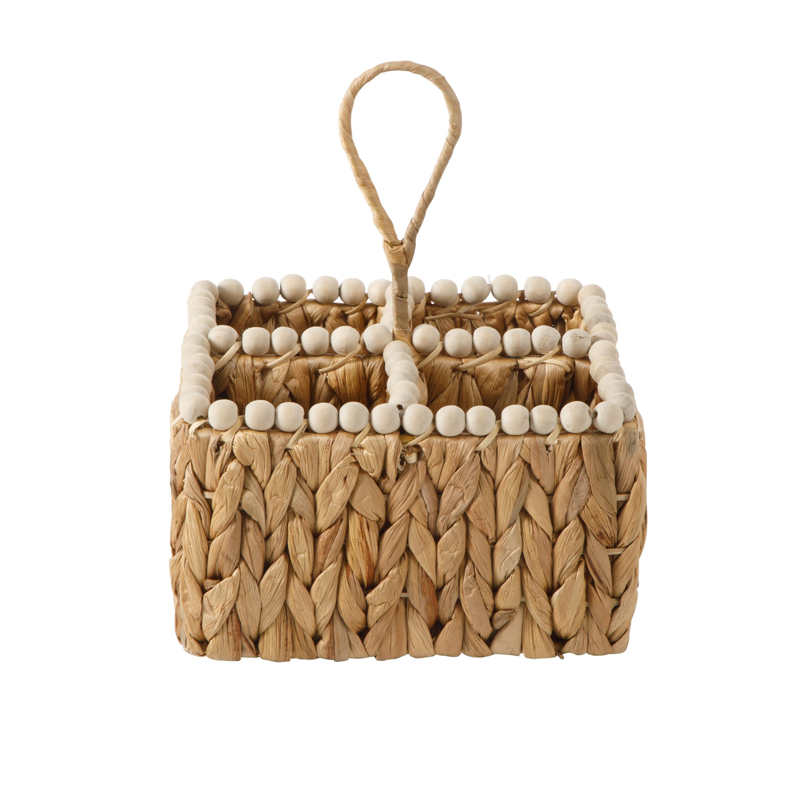 Gibson Home Riverrun Grove Woven Utensil Caddy with 4 Compartments, Natural Hand-Braided Water Hyacinth Basket with Wood-Bead Trim for Napkins, Cutlery, Condiments & Tabletop Storage - Image 4