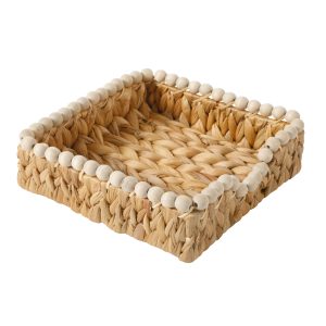 Gibson Home Riverrun Grove Woven Decorative Napkin Holder Tray – Natural Water Hyacinth Square Basket with Wood-Bead Trim for Napkins, Keys, Mail, Coffee Table Décor & Kitchen Counter Storage
