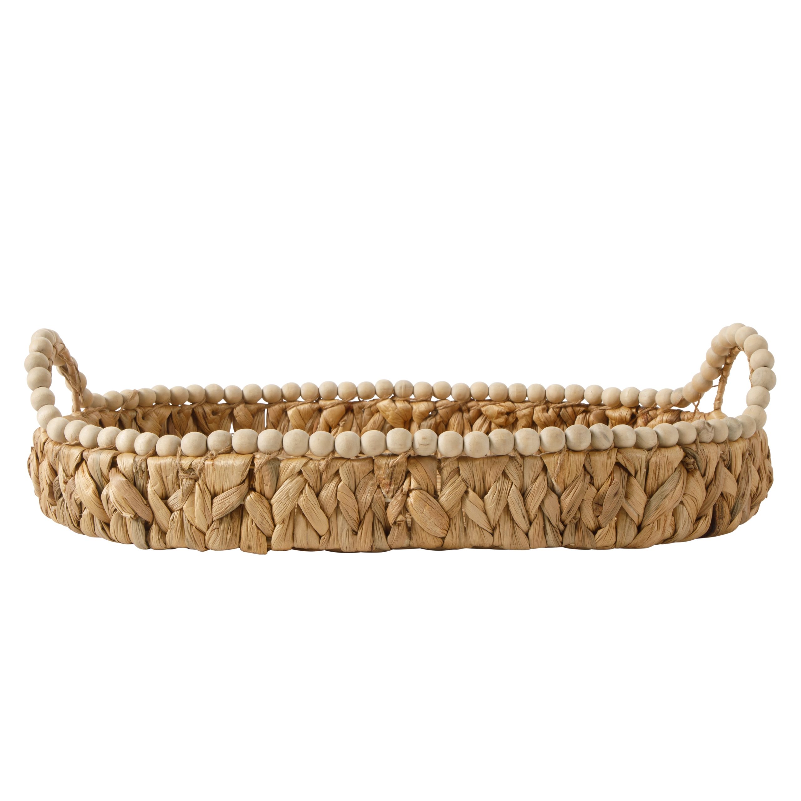 Gibson Home Riverrun Grove 17" Woven Decorative Serving Tray – Large Natural Water Hyacinth Basket w/ Wood-Bead Trim & Handles for Coffee Table Décor, Ottomans, Centerpieces & Kitchen Counter Display - Image 4