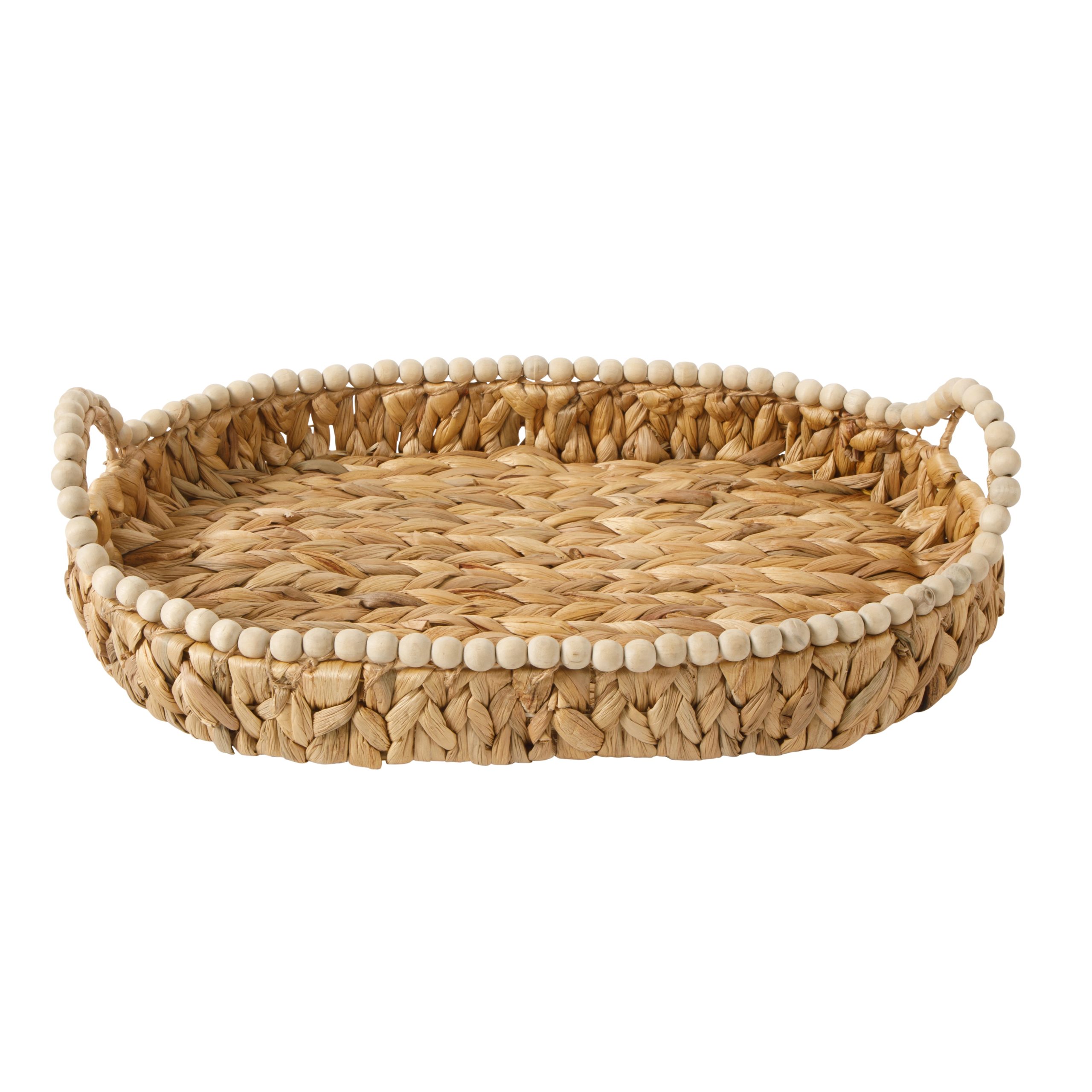 Gibson Home Riverrun Grove 17" Woven Decorative Serving Tray – Large Natural Water Hyacinth Basket w/ Wood-Bead Trim & Handles for Coffee Table Décor, Ottomans, Centerpieces & Kitchen Counter Display - Image 5