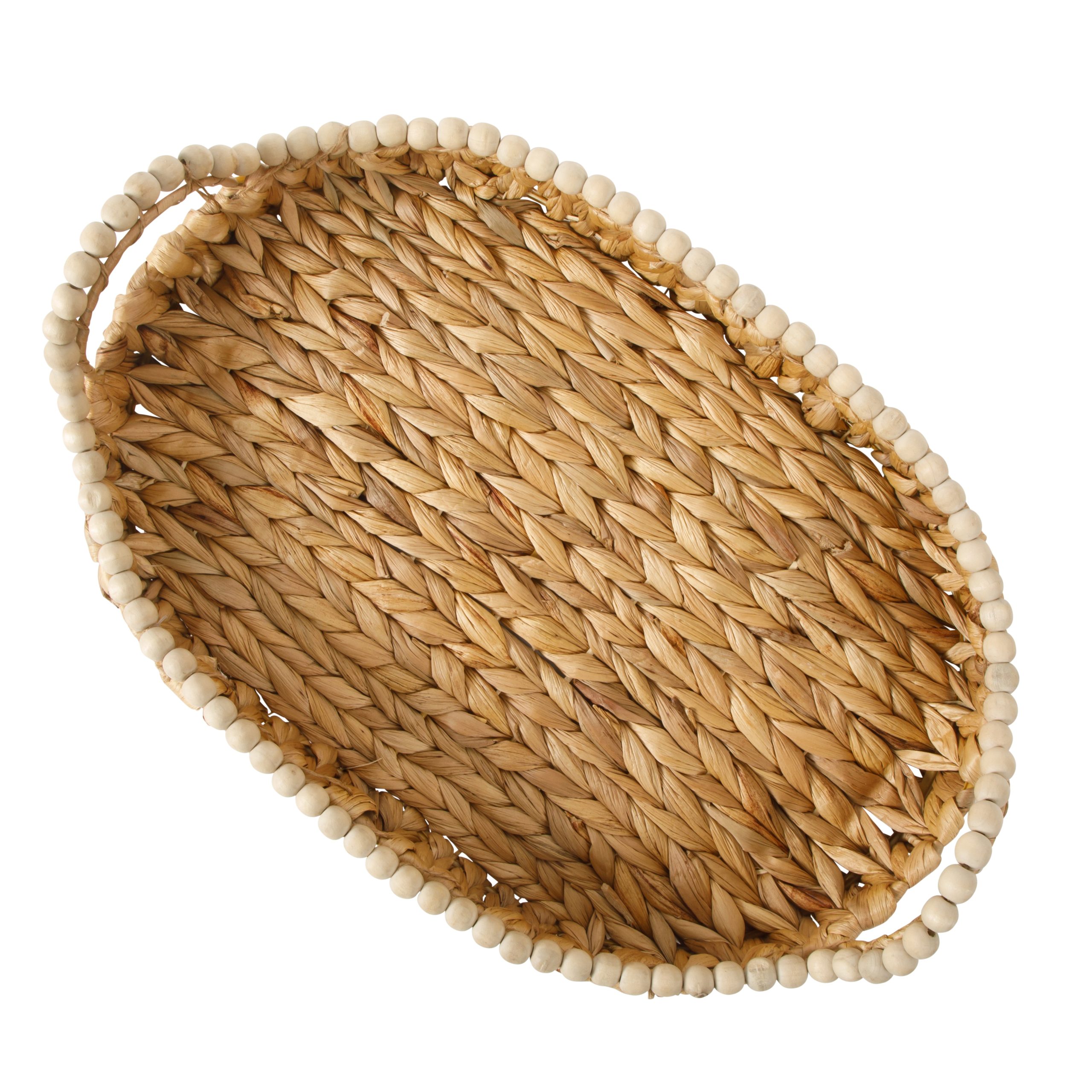 Gibson Home Riverrun Grove 17" Woven Decorative Serving Tray – Large Natural Water Hyacinth Basket w/ Wood-Bead Trim & Handles for Coffee Table Décor, Ottomans, Centerpieces & Kitchen Counter Display - Image 6
