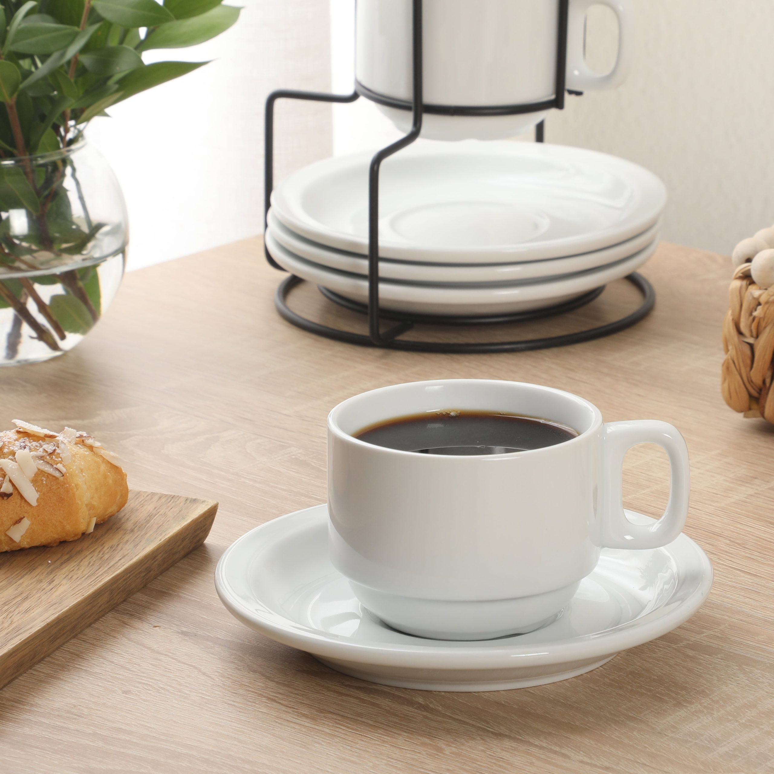 Gibson Home Gracious Dining 7-Ounce Cappuccino Cups Set of 4, Stackable Coffee Cups with 4 Saucers, Metal Stand, Coffee Mugs for Latte, Café, Mocha, Tea - Image 2