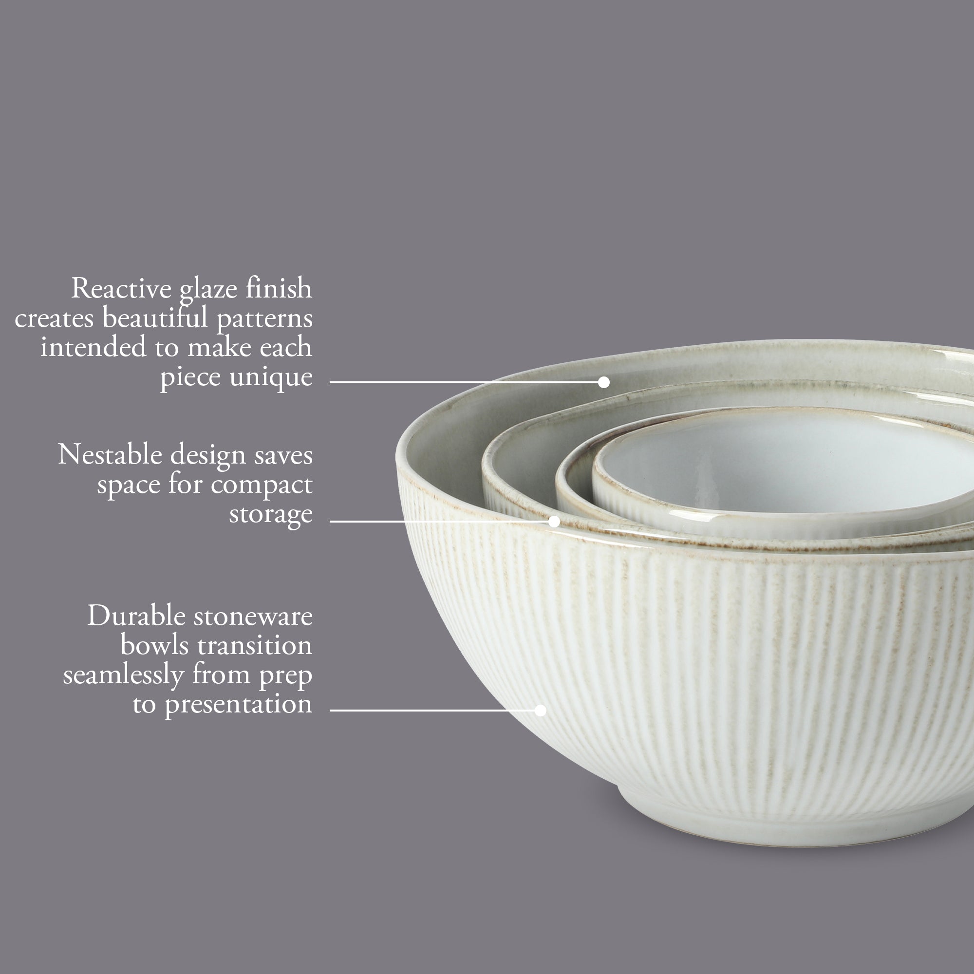Gibson Elite Sandy Pines 4 Piece Nesting Bowl Set, 4”, 5.5”, 7” & 9” Round Stoneware Bowls, Reactive Glaze Finish, Mixing, Prep & Serving Bowls, Microwave & Dishwasher Safe - Image 15