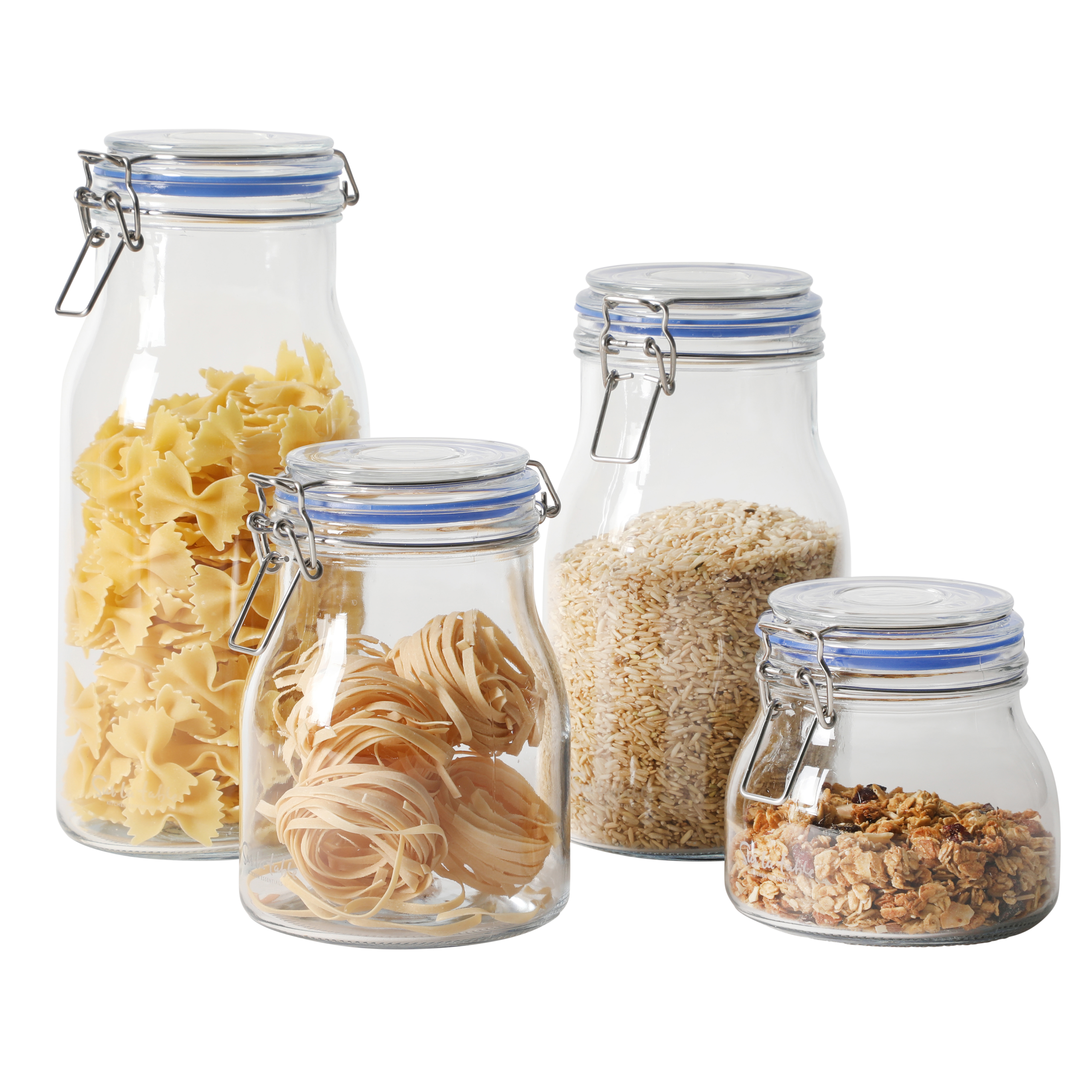 Sur La Table Lyon Court 4-Piece Glass Canister Set with Airtight Trigger Clamp Lids, Clear – 71 oz, 54 oz, 37 oz & 22.5 oz Sizes, Rubber Gasket Seal, Dishwasher Safe Food Storage Jars