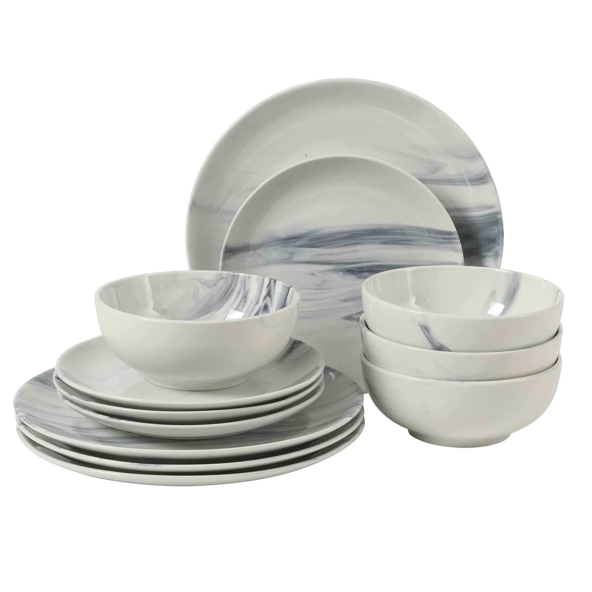 Gibson Home Cloudlight 12 Piece Plates and Bowls Dishes Brown and White - Decorated Porcelain Ceramic Dinnerware Set - Service for 4 - Image 8