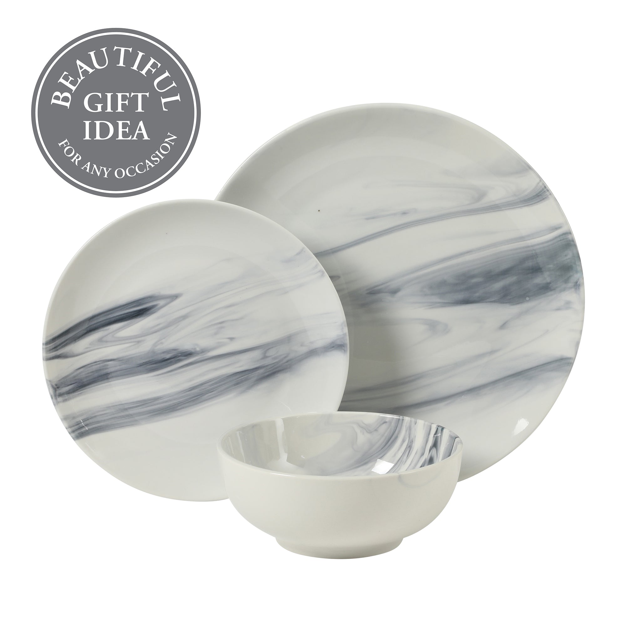 Gibson Home Cloudlight 12 Piece Plates and Bowls Dishes Brown and White - Decorated Porcelain Ceramic Dinnerware Set - Service for 4 - Image 11