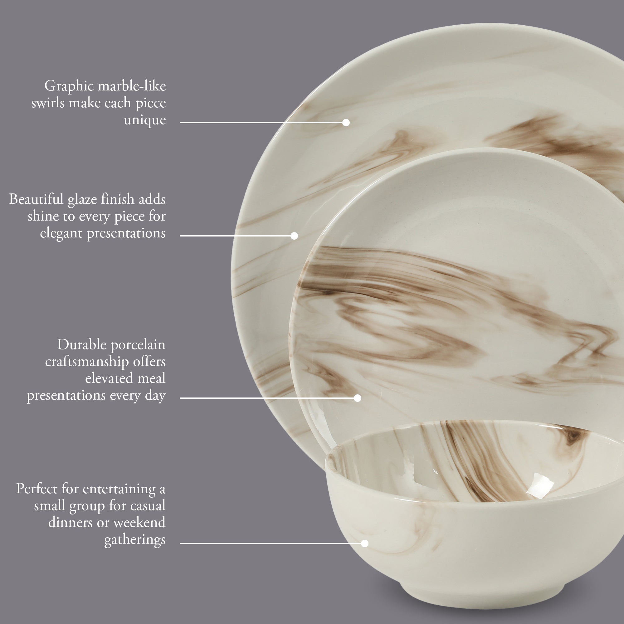 Gibson Home Cloudlight 12 Piece Plates and Bowls Dishes Brown and White - Decorated Porcelain Ceramic Dinnerware Set - Service for 4 - Image 3