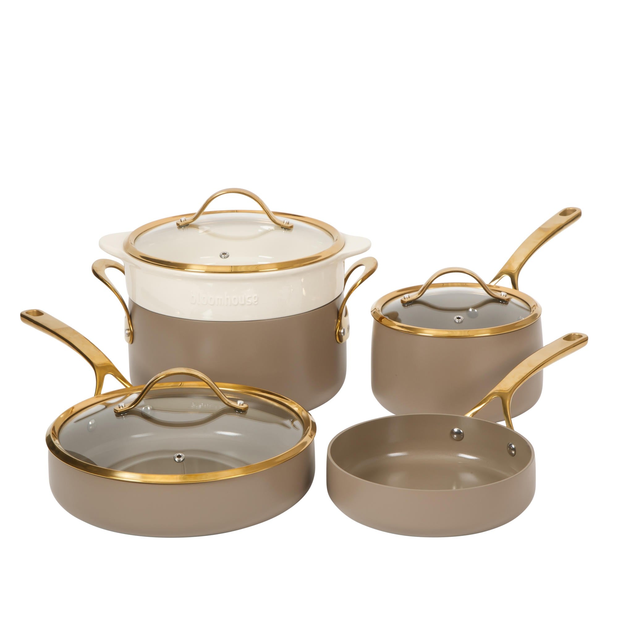 Bloomhouse 8 Piece Pots and Pans Heavy Duty Aluminum Premium PFA Free Ceramic Nonstick Dutch Oven Pot with Lid - Linen White with Gold Handle - Image 8