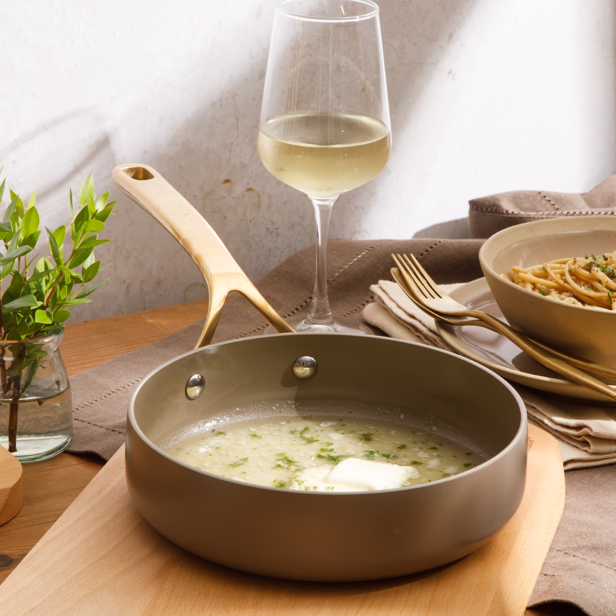 Bloomhouse 8 Inch Heavy Duty Aluminum Premium PFA Free Ceramic Nonstick Saute/Deep Frying Pan Skillet - Linen White with Gold Handle - Image 11