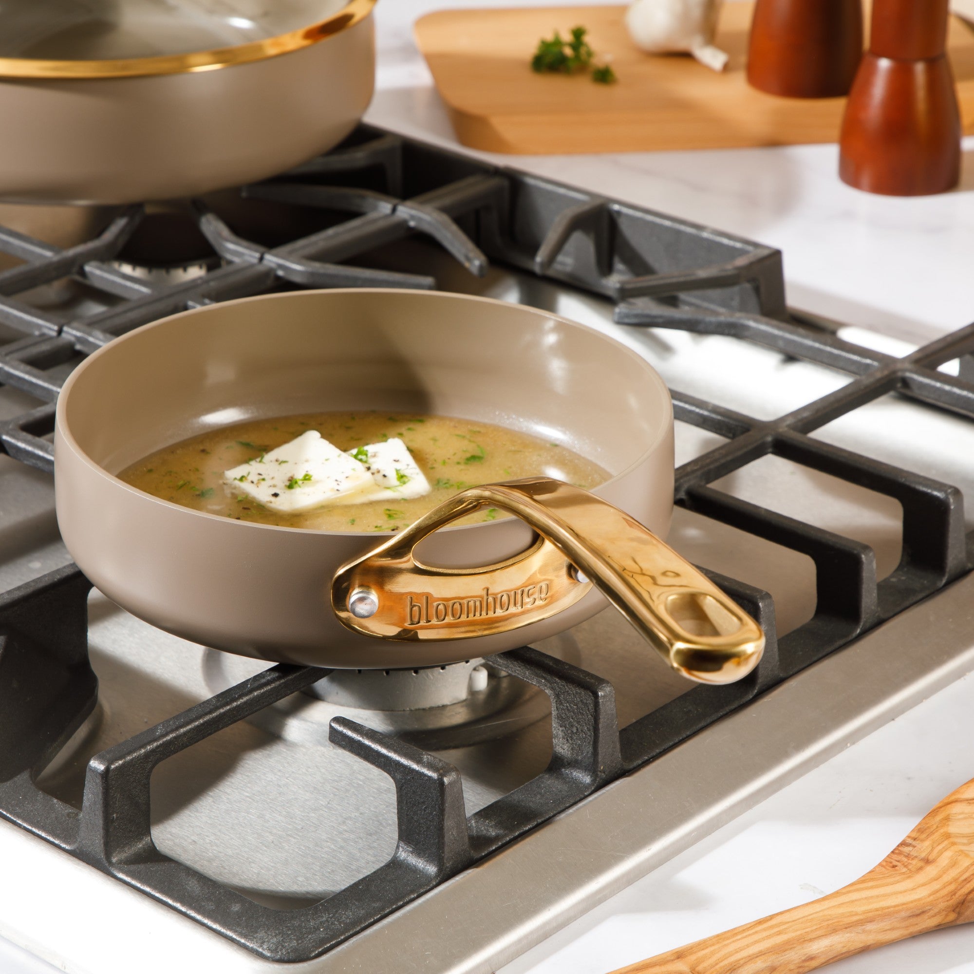 Bloomhouse 8 Inch Heavy Duty Aluminum Premium PFA Free Ceramic Nonstick Saute/Deep Frying Pan Skillet - Linen White with Gold Handle - Image 10