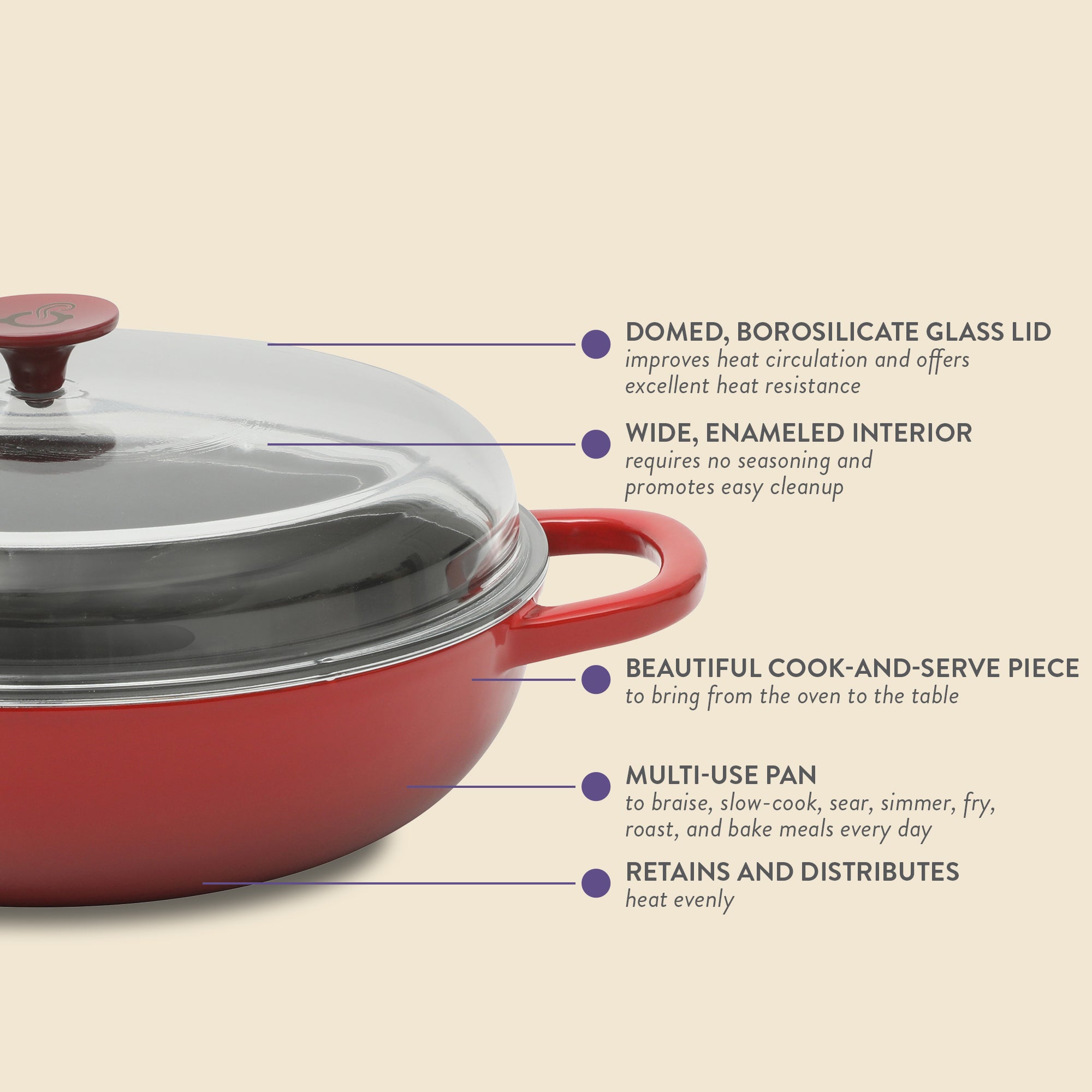 Crock-pot Artisan Studio Enameled Cast Iron Everyday Pan with Lid, 4.8 quarts, 12 inches, Borosilicate Glass Lid, Induction Base, Oven Safe, Red - Image 4