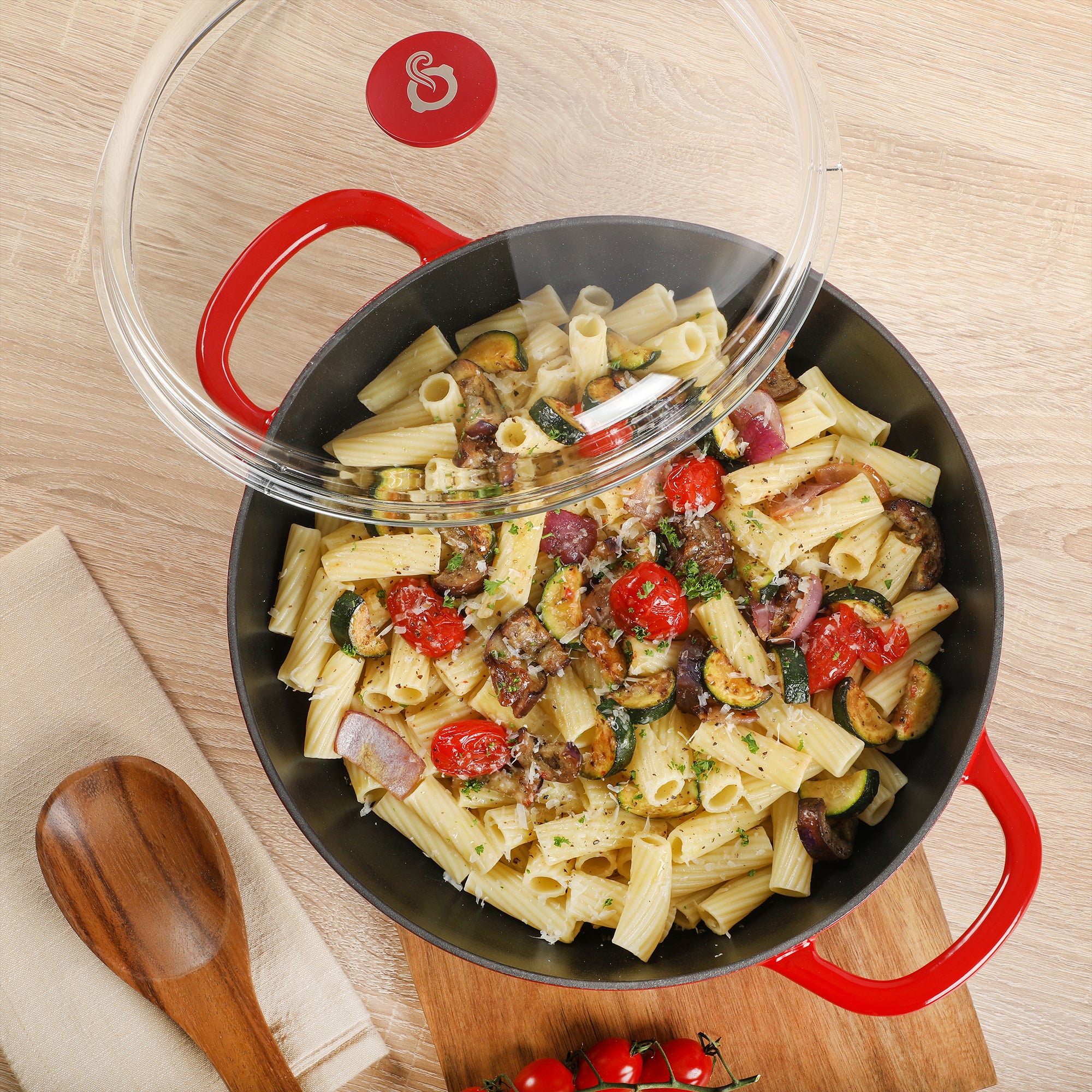 Crock-pot Artisan Studio Enameled Cast Iron Everyday Pan with Lid, 4.8 quarts, 12 inches, Borosilicate Glass Lid, Induction Base, Oven Safe, Red - Image 2