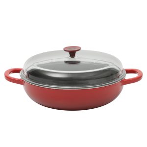 Crock-pot Artisan Studio Enameled Cast Iron Everyday Pan with Lid, 4.8 quarts, 12 inches, Borosilicate Glass Lid, Induction Base, Oven Safe, Red