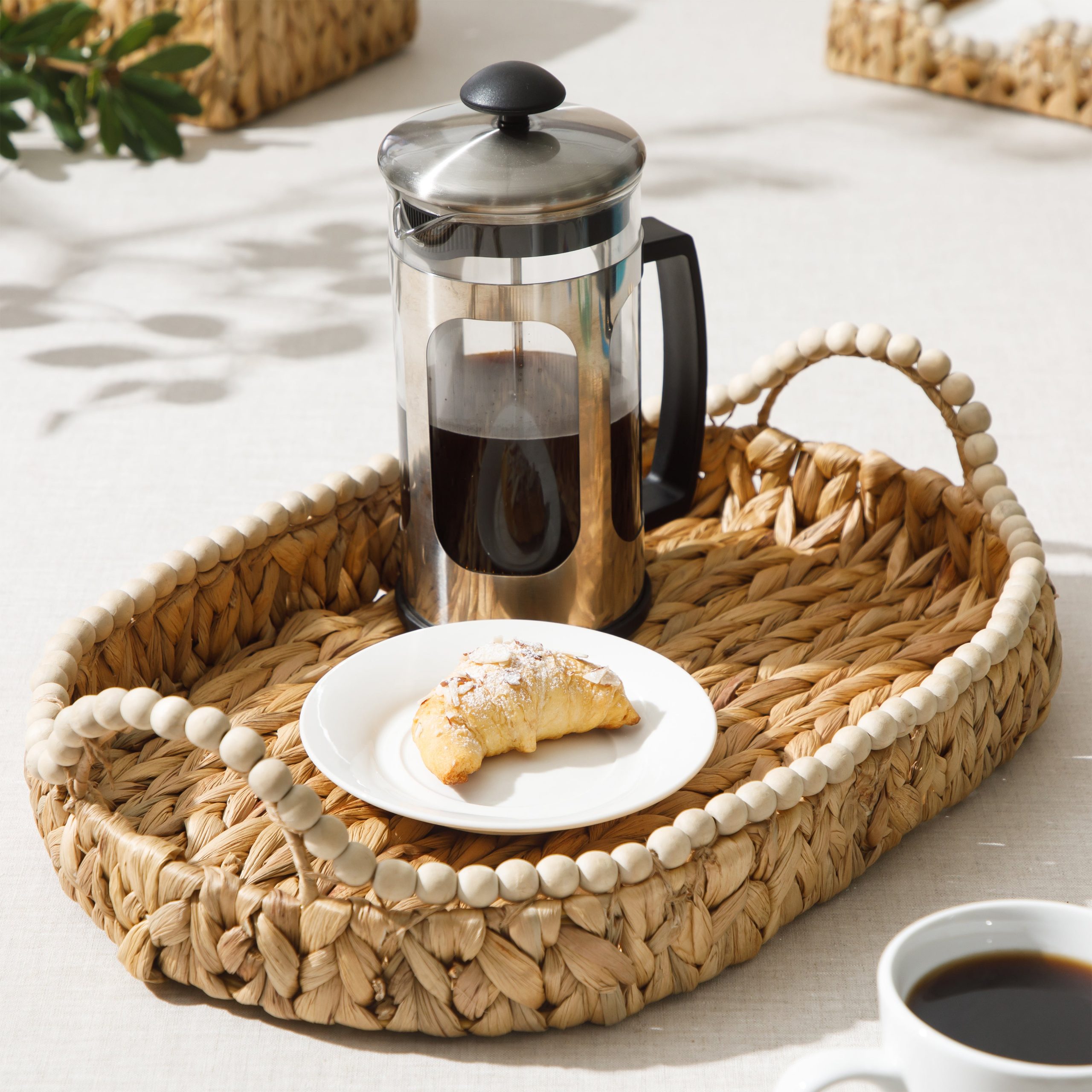 Gibson Home Riverrun Grove 17" Woven Decorative Serving Tray – Large Natural Water Hyacinth Basket w/ Wood-Bead Trim & Handles for Coffee Table Décor, Ottomans, Centerpieces & Kitchen Counter Display - Image 2