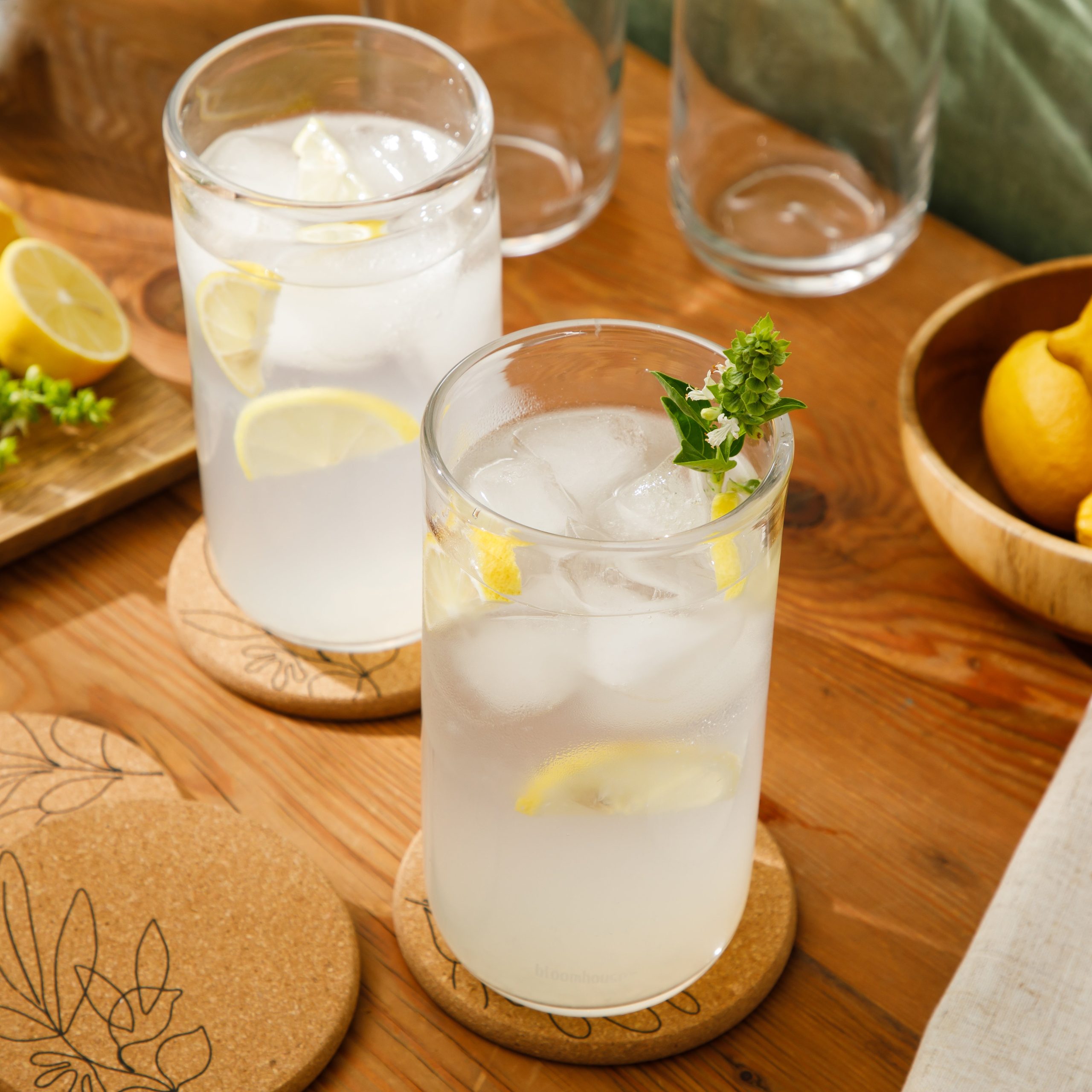 Bloomhouse Sayulita Spring 8 Piece Hand Made 21 OZ Jadeite Clear Glass Tumbler Set W/ Coasters - Image 3
