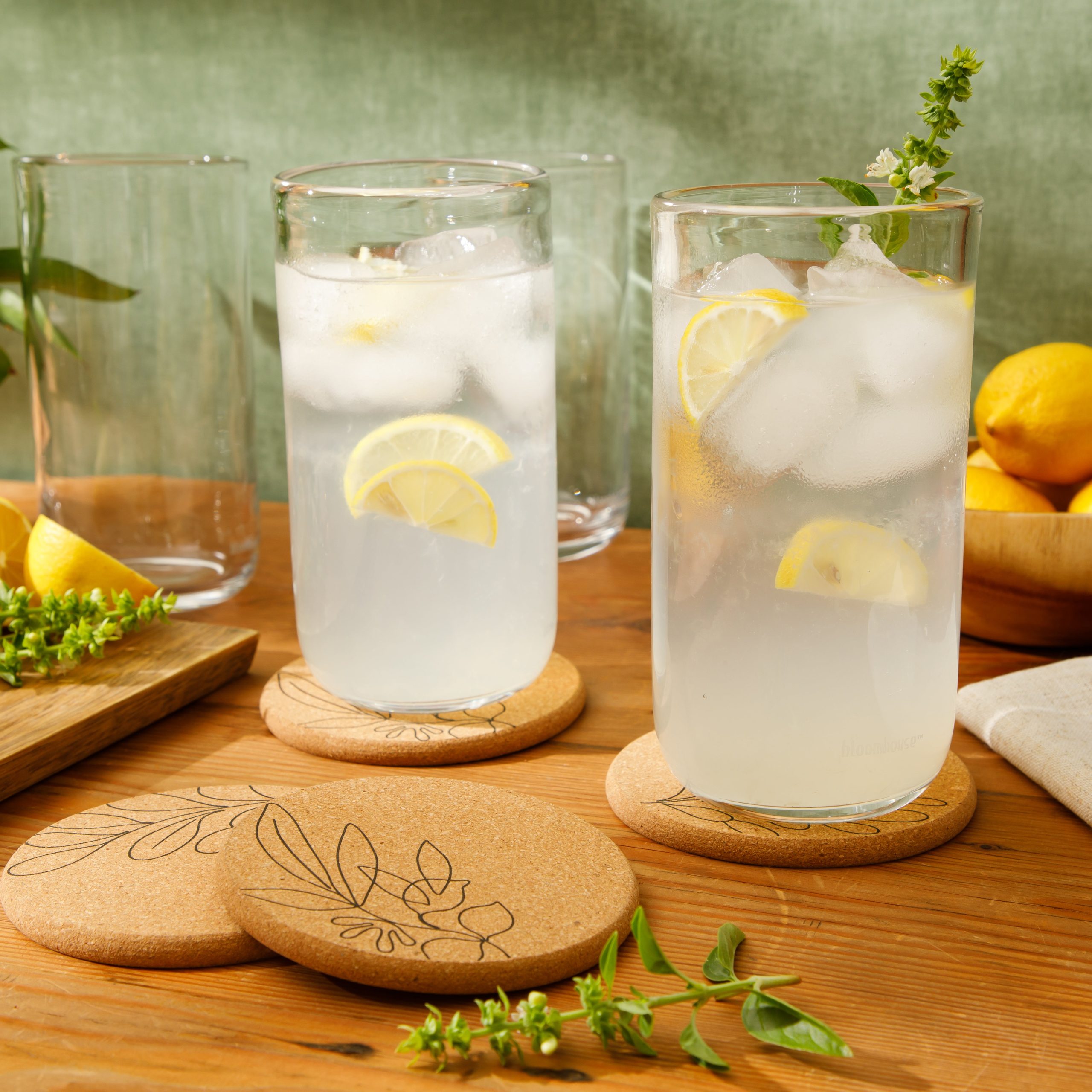 Bloomhouse Sayulita Spring 8 Piece Hand Made 21 OZ Jadeite Clear Glass Tumbler Set W/ Coasters - Image 2